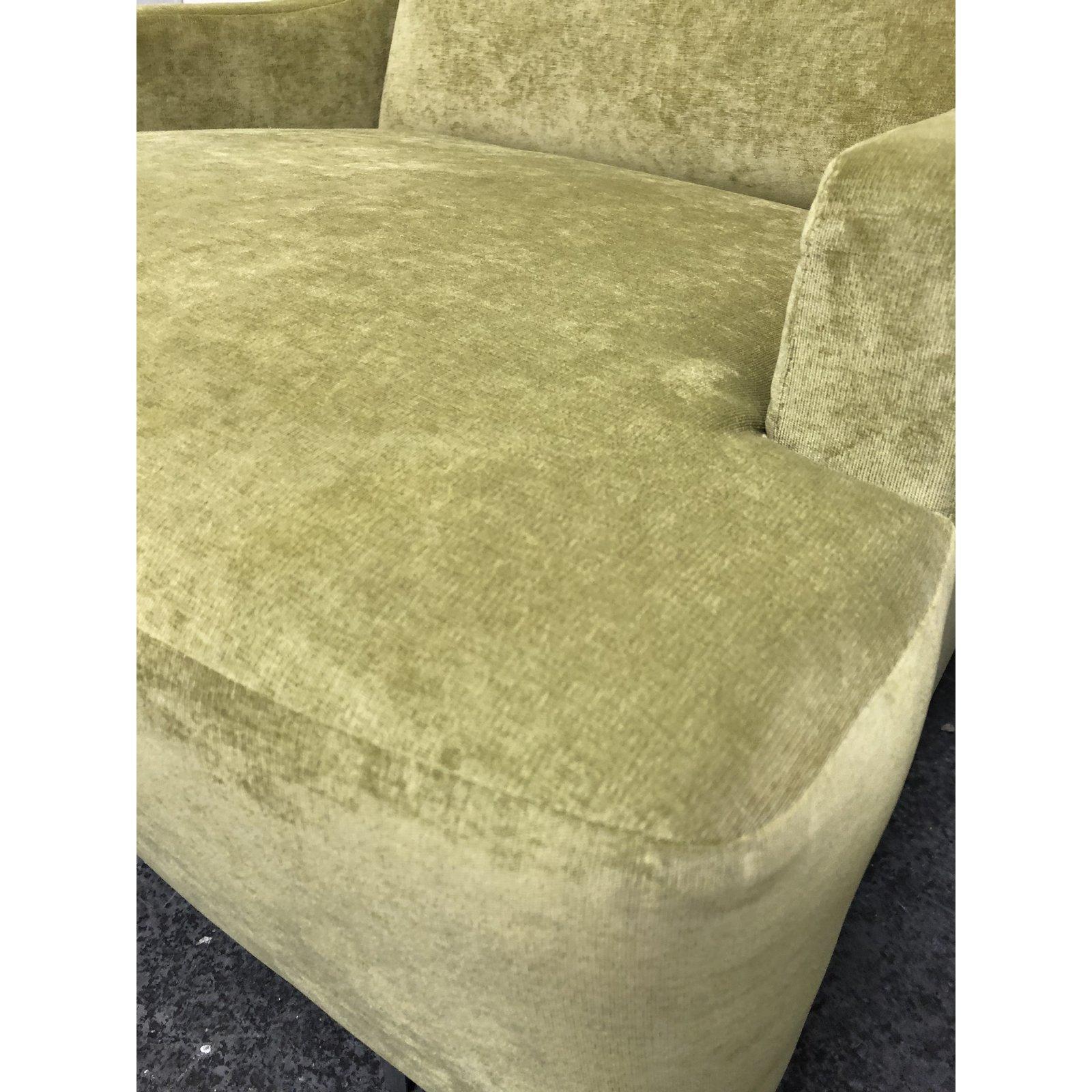 Contemporary Pair of H B F Barbara Barry Pastel Green Upholstered Scoop Chairs For Sale