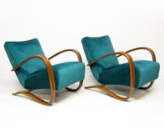 Pair of "H269" Art Deco Lounge Chairs by Jindrich Halabala in Peacock Blue