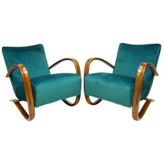 Antique Pair of "H269" Art Deco Lounge Chairs by Jindrich Halabala in Peacock Blue