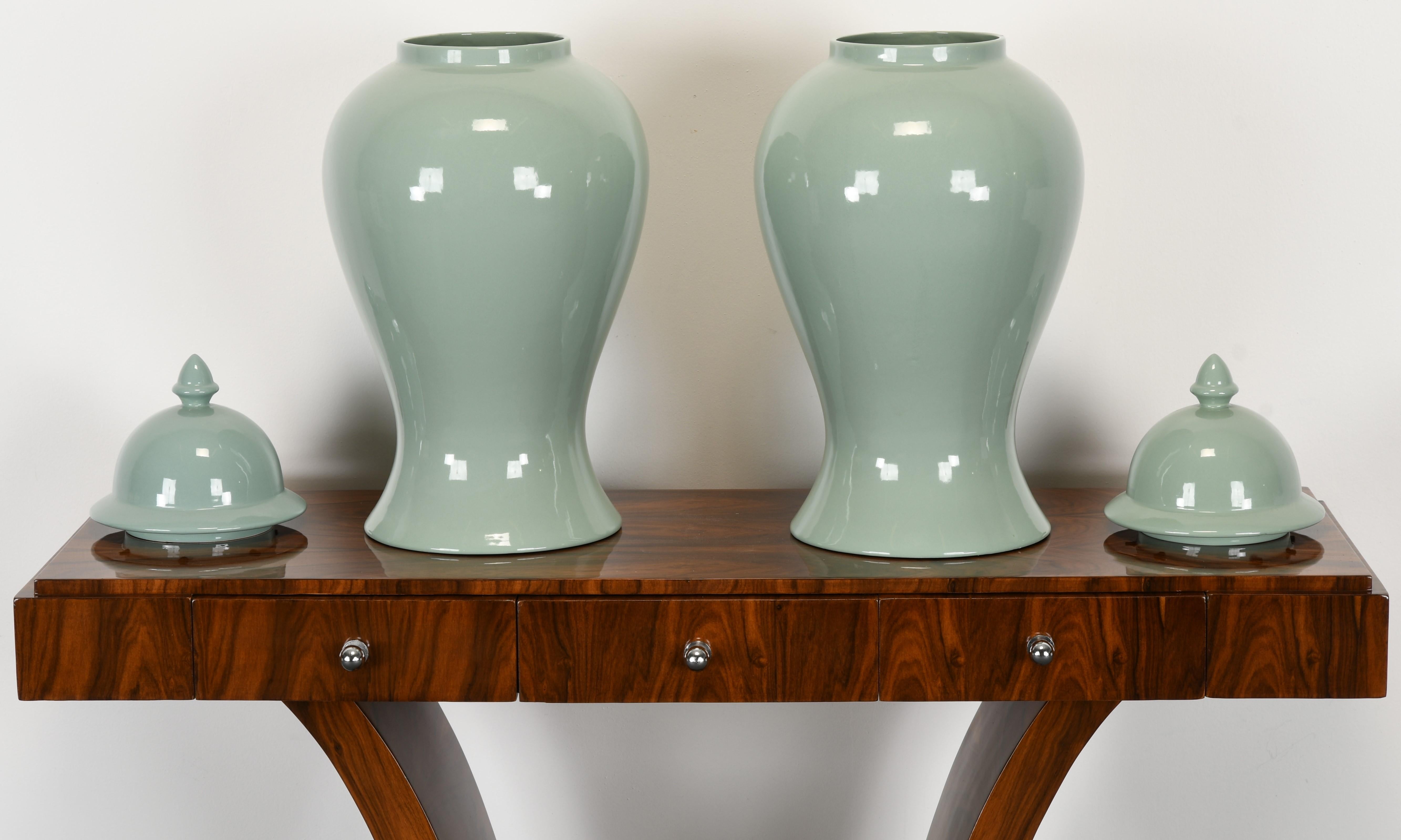 Mid-Century Modern Pair of Haeger Celadon Ginger Jars, 1980s