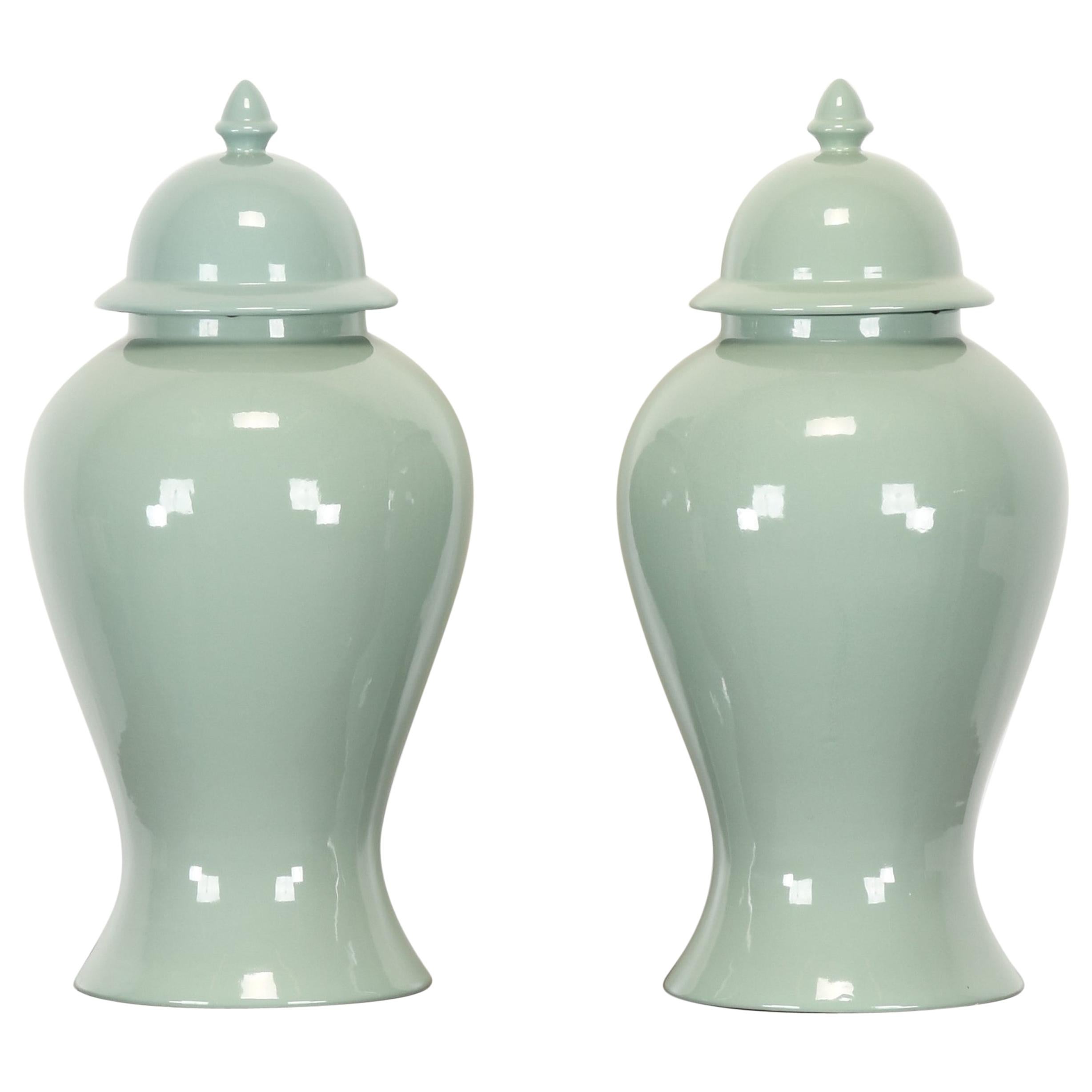 Pair of Haeger Celadon Ginger Jars, 1980s