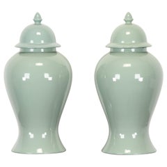 Vintage Pair of Haeger Celadon Ginger Jars, 1980s