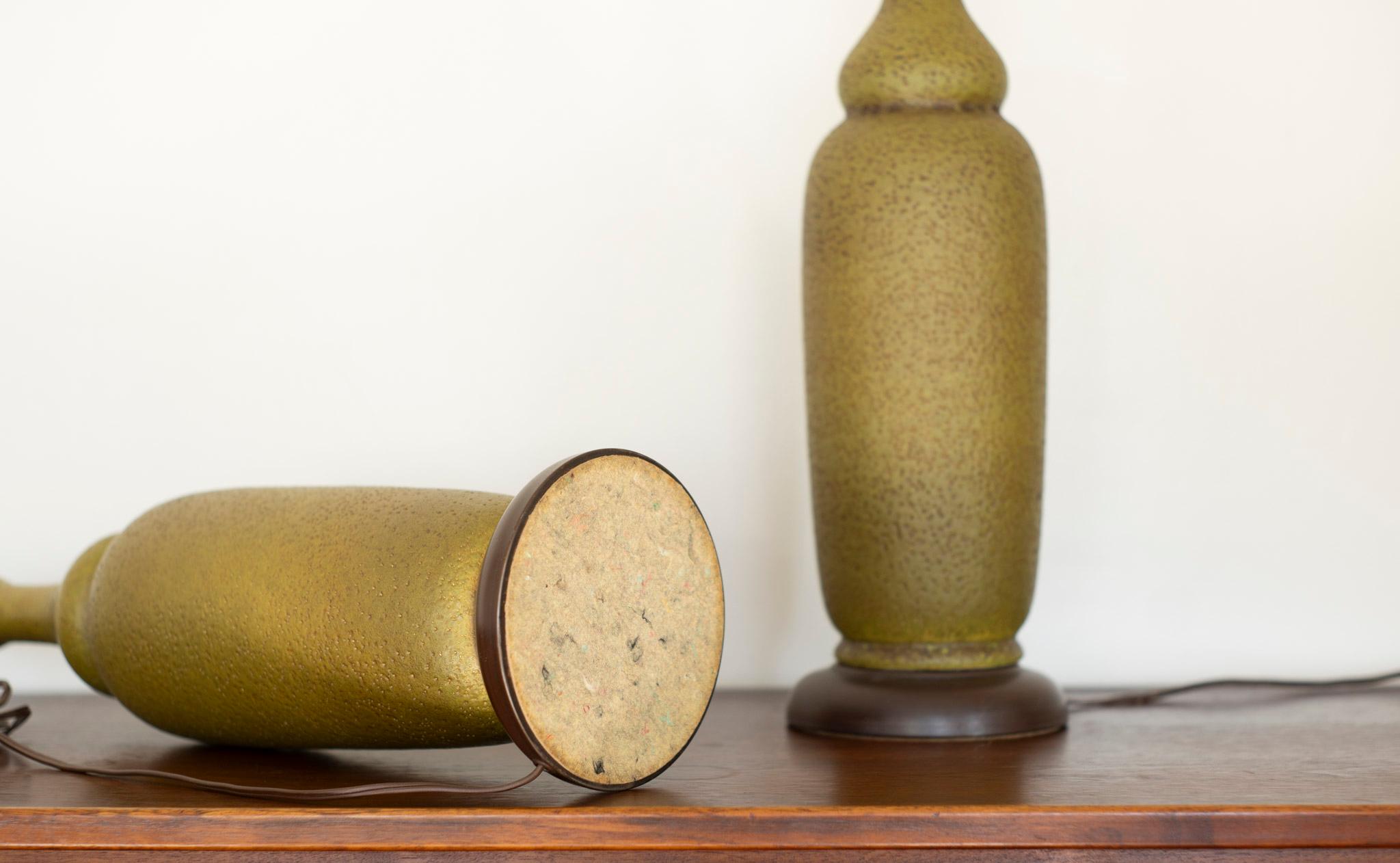Pair of Haeger Volcanic Glaze Olive Green Cermaic Lamps Maria Kipp Shades Italy 2