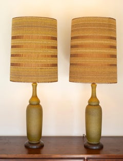 Pair of Haeger Volcanic Glaze Olive Green Cermaic Lamps Maria Kipp Shades Italy
