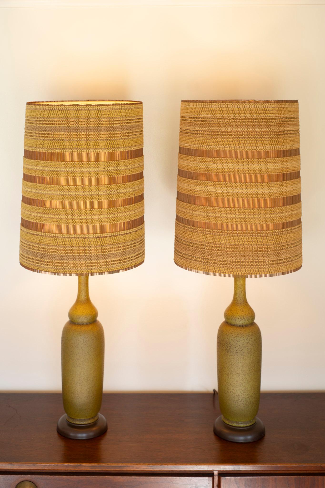 Italian Pair of Haeger Volcanic Glaze Olive Green Cermaic Lamps Maria Kipp Shades Italy