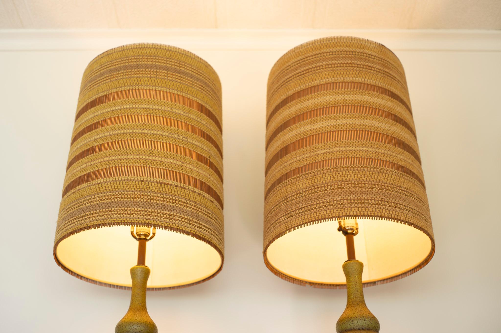 Glazed Pair of Haeger Volcanic Glaze Olive Green Cermaic Lamps Maria Kipp Shades Italy