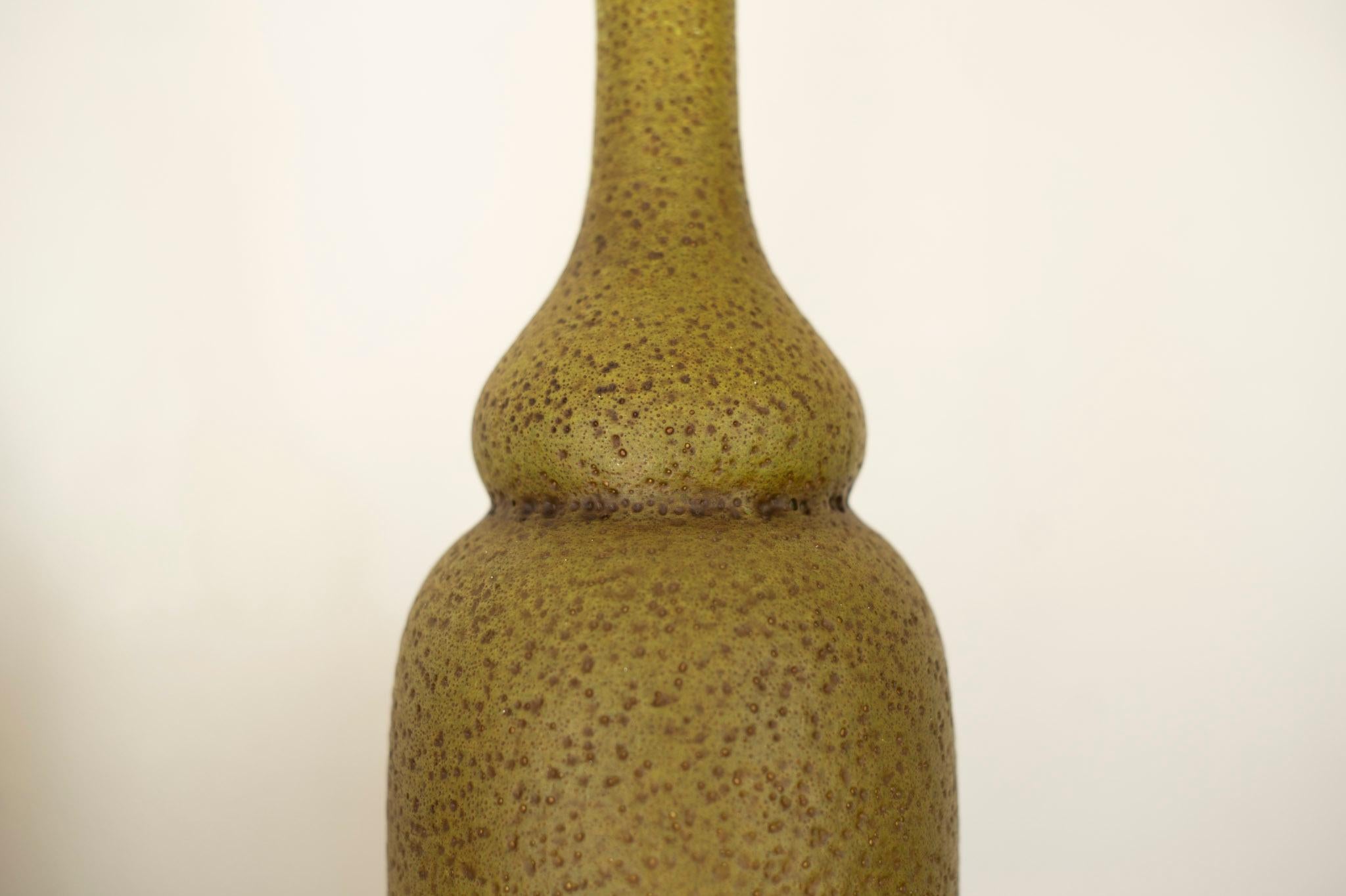 Mid-20th Century Pair of Haeger Volcanic Glaze Olive Green Cermaic Lamps Maria Kipp Shades Italy