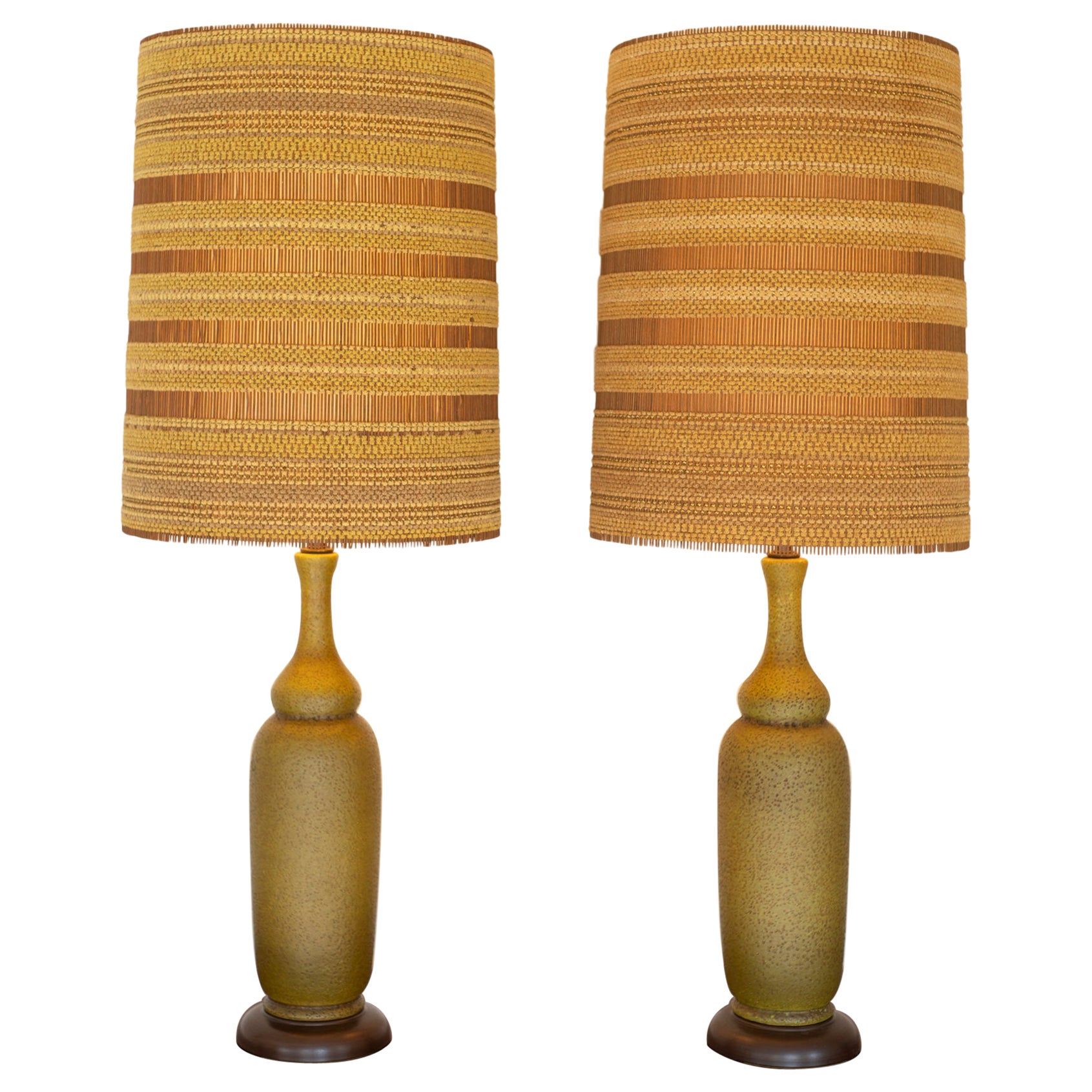 Pair of Haeger Volcanic Glaze Olive Green Cermaic Lamps Maria Kipp Shades Italy