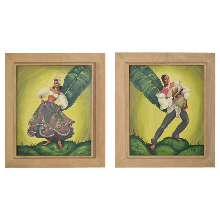 Painting of tropical Dancers signed: Heda, 1960s