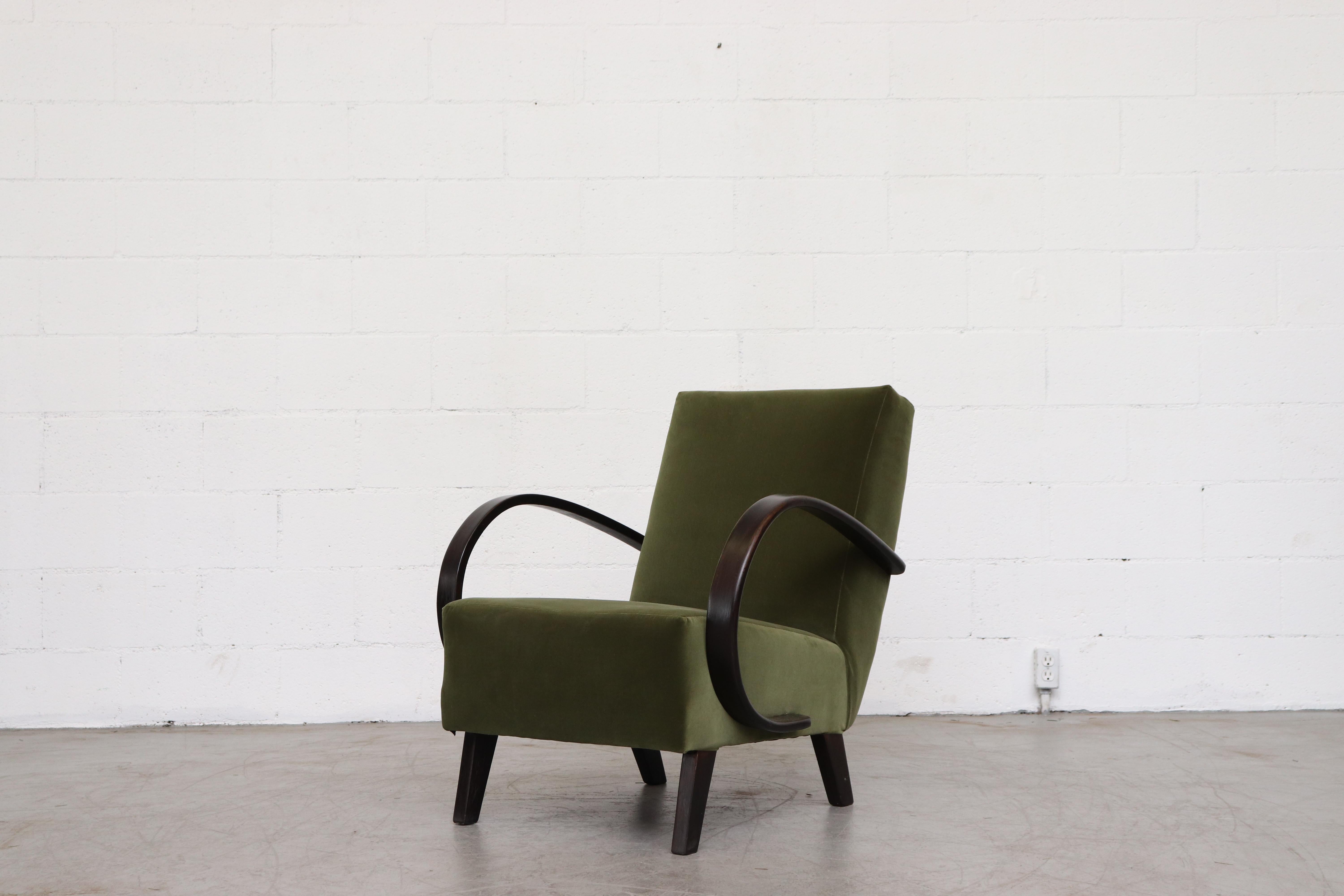 Czech Pair of Halabala Attributed Olive Velvet Lounge Chairs