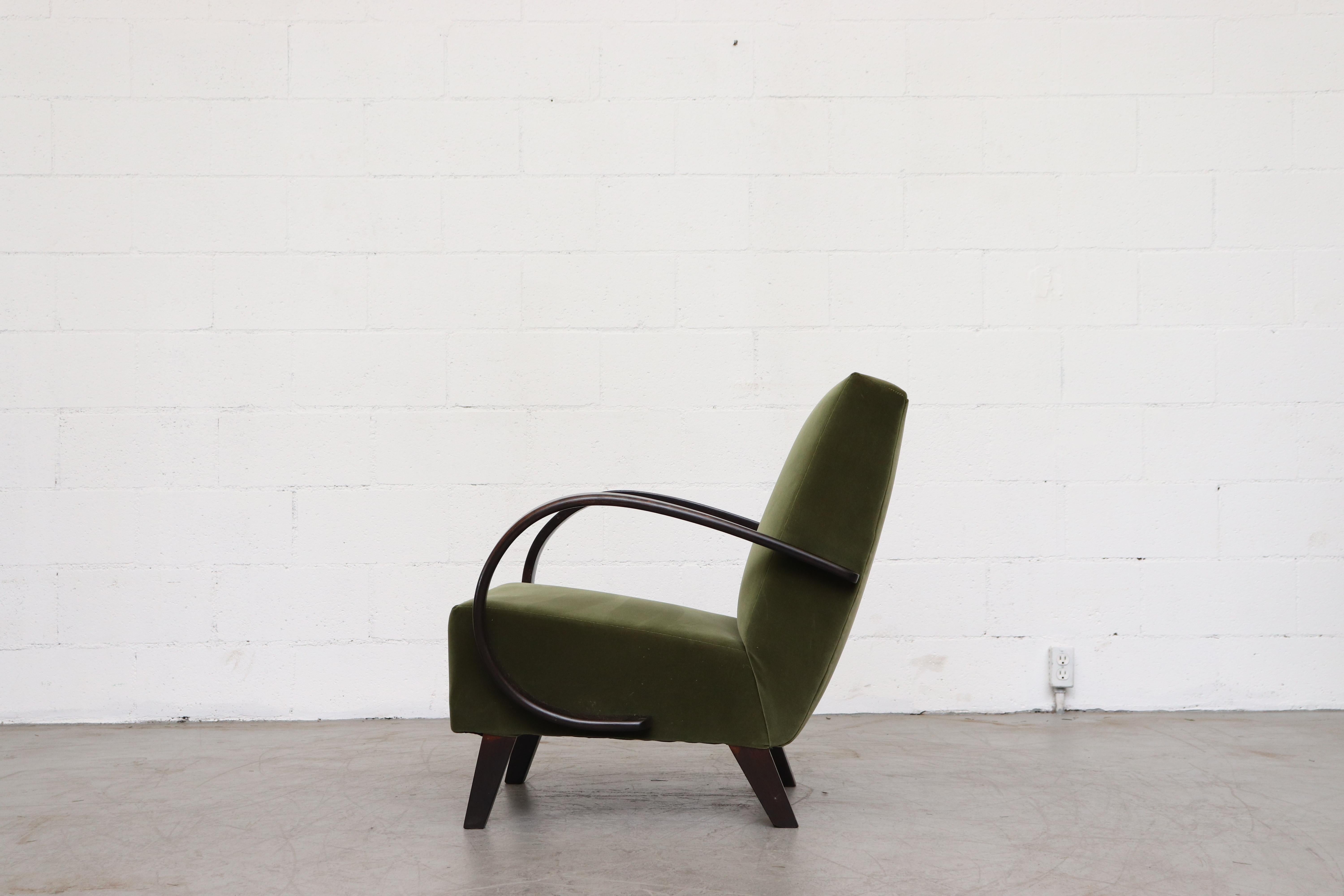 Pair of Halabala Attributed Olive Velvet Lounge Chairs In Good Condition In Los Angeles, CA