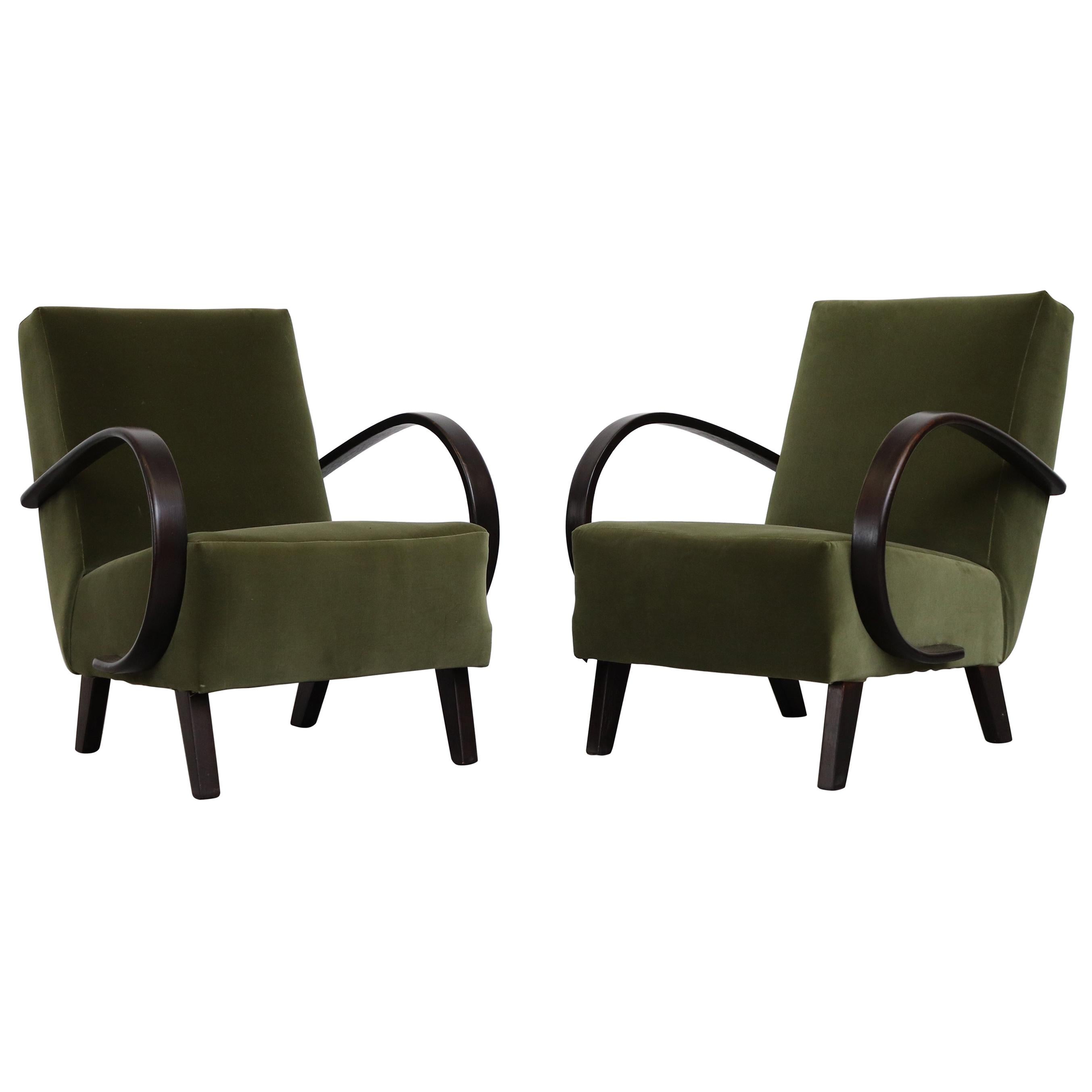 Pair of Halabala Attributed Olive Velvet Lounge Chairs