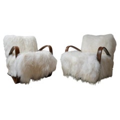 Pair of Halabala H-269 Midcentury Sheepskin Armchairs
