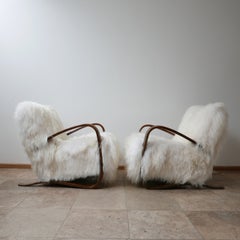 Pair of Halabala H-269 Midcentury Sheepskin Armchairs