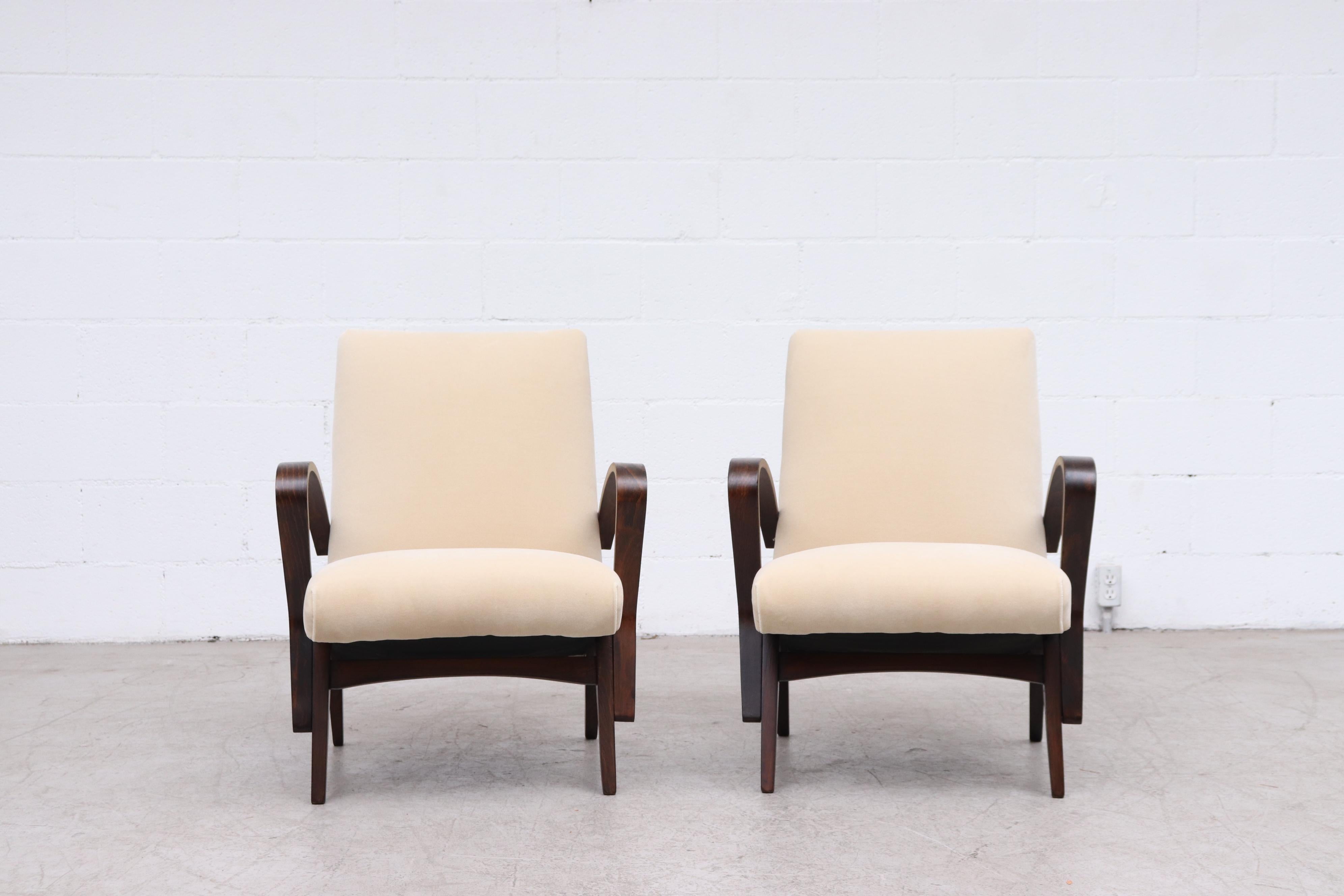 Dutch Pair of Halabala Style Cream Upholstered Lounge Chairs