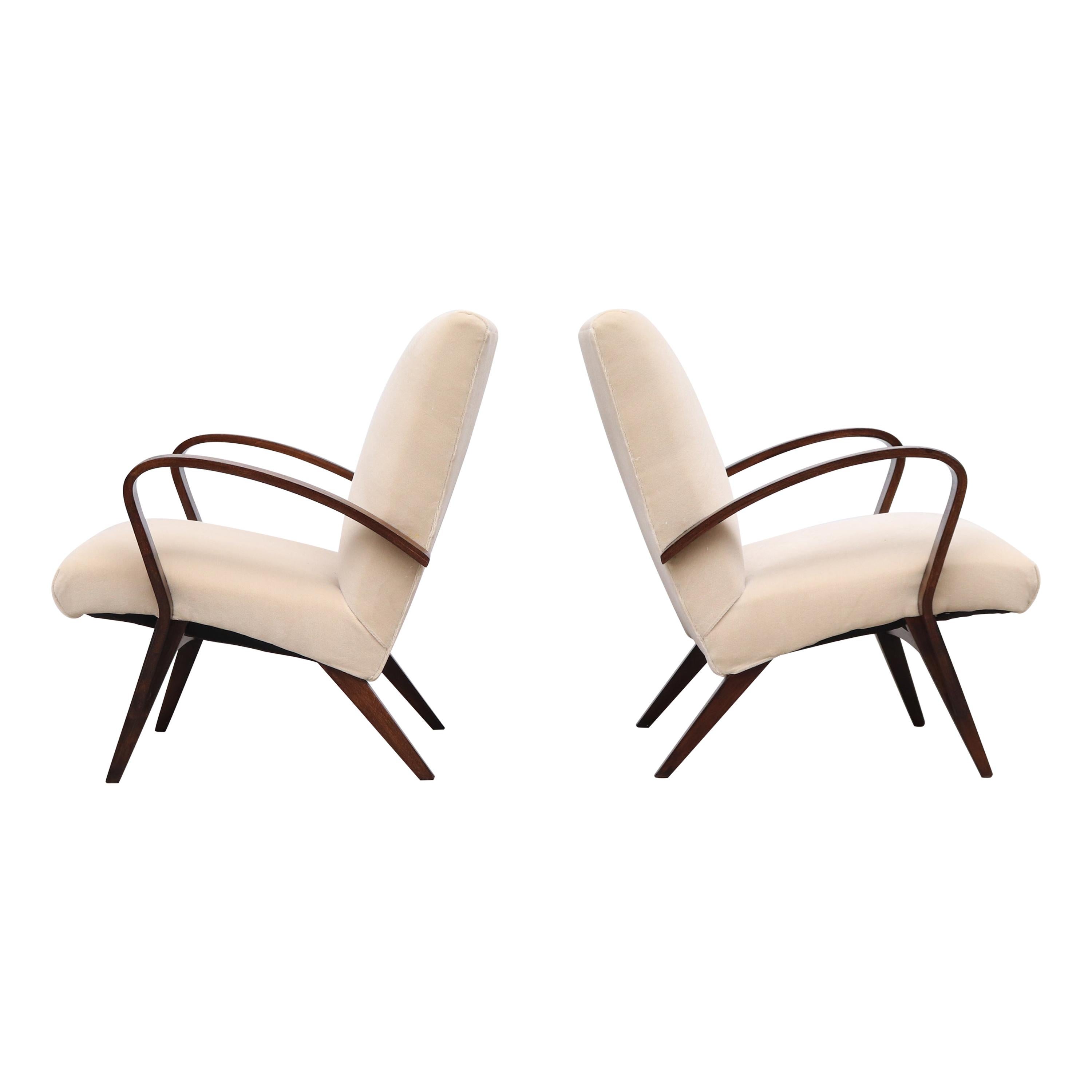 Pair of Halabala Style Cream Upholstered Lounge Chairs