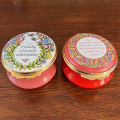 Pair of Halcyon Days Enamel Boxes – Friendship & Wisdom Quotes – Hand-Painted