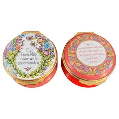 Pair of Halcyon Days Enamel Boxes – Friendship & Wisdom Quotes – Hand-Painted
