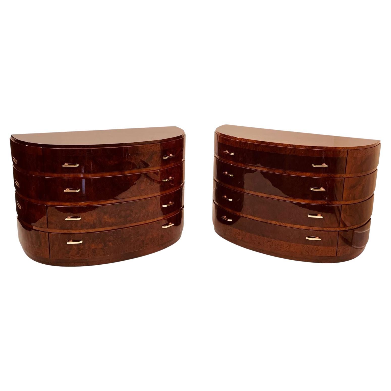 Coppia di commodes Art Deco a mezzo cerchio con ferramenta in bachelite, America C.1930