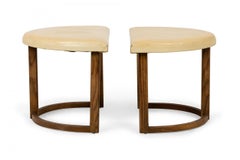 Pair of Half Moon Beige Leather and Walnut Footstools