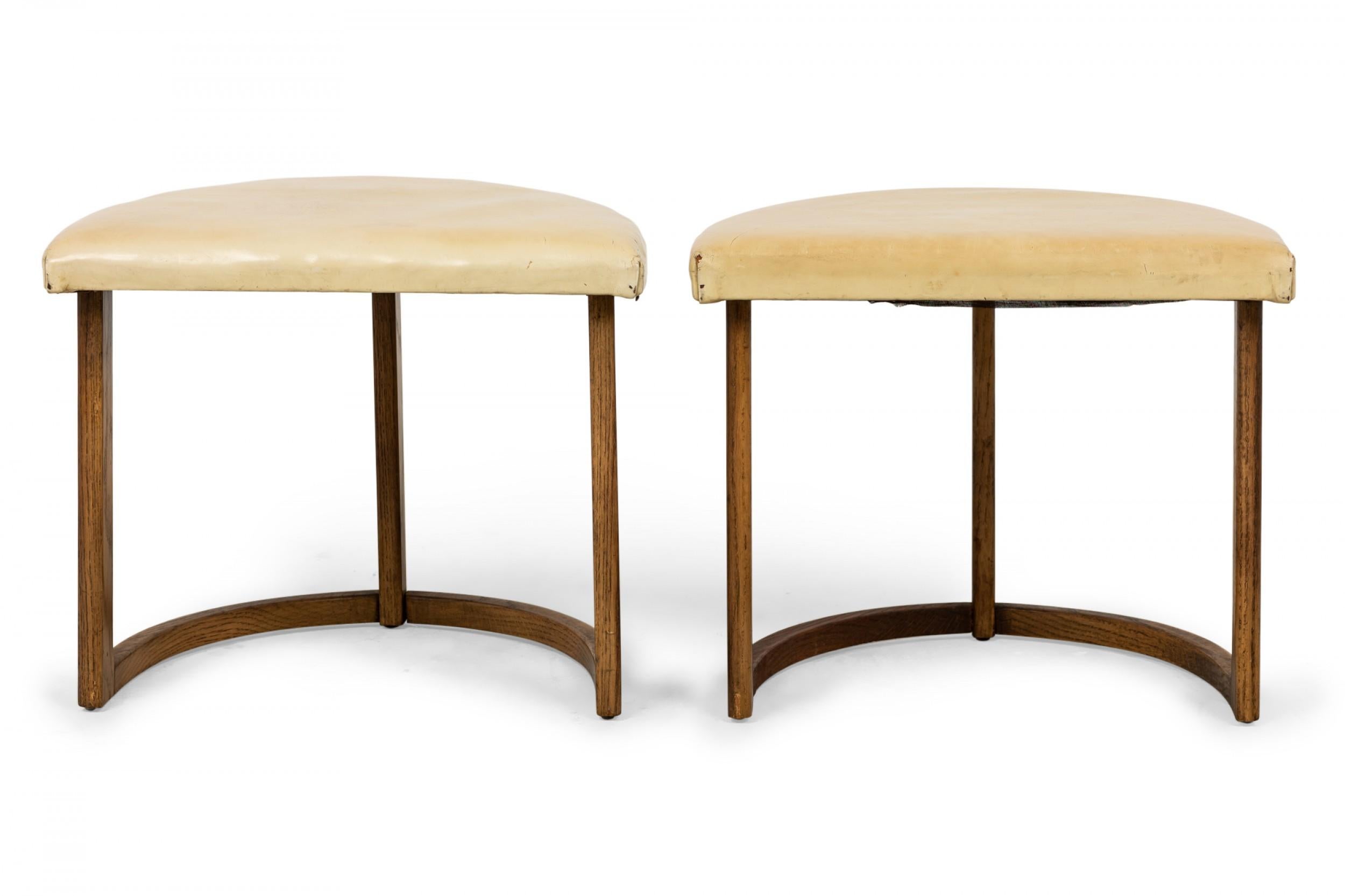 Mid-Century Modern Pair of Half Moon Beige Leather and Walnut Footstools For Sale