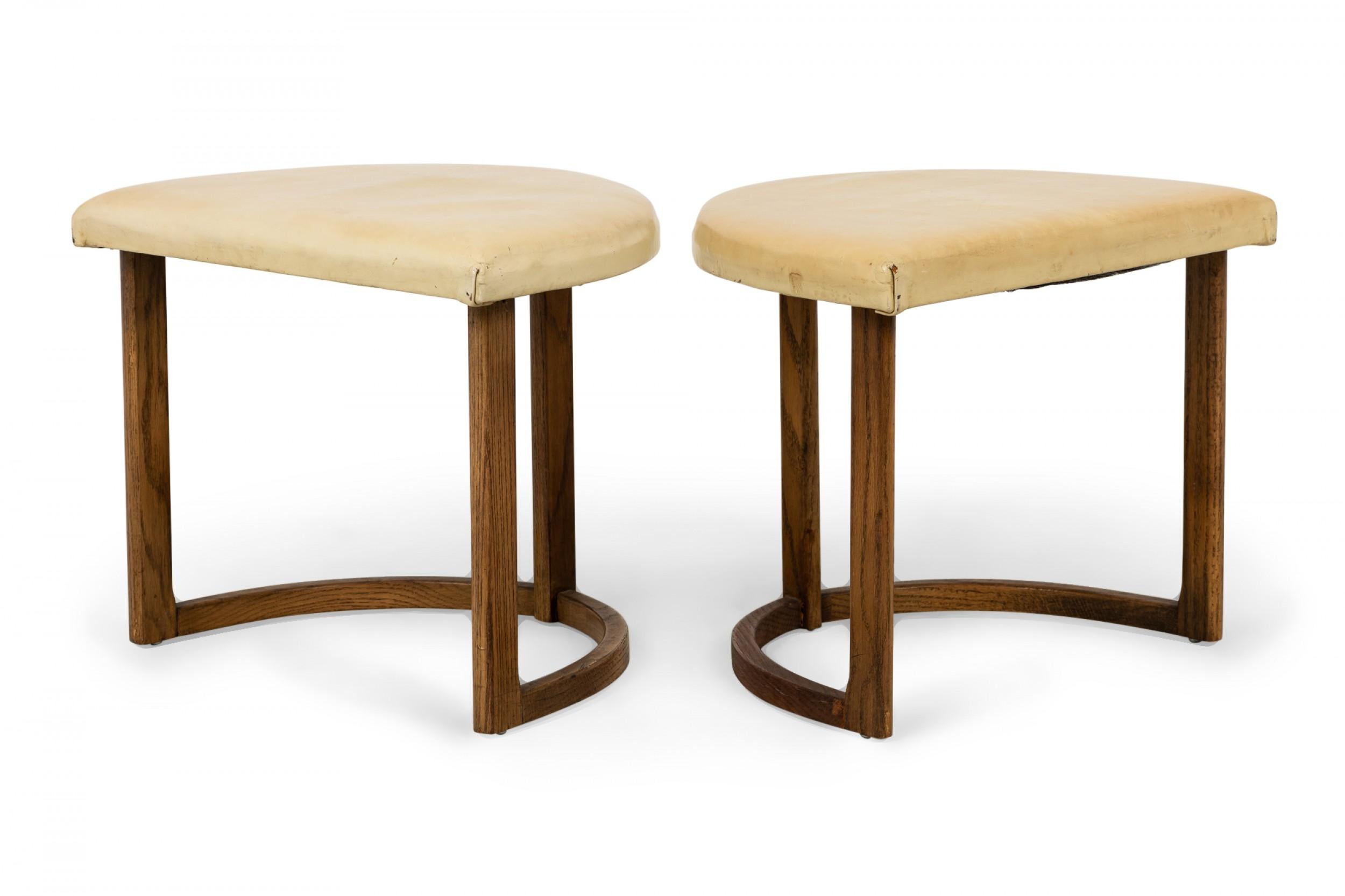 American Pair of Half Moon Beige Leather and Walnut Footstools For Sale