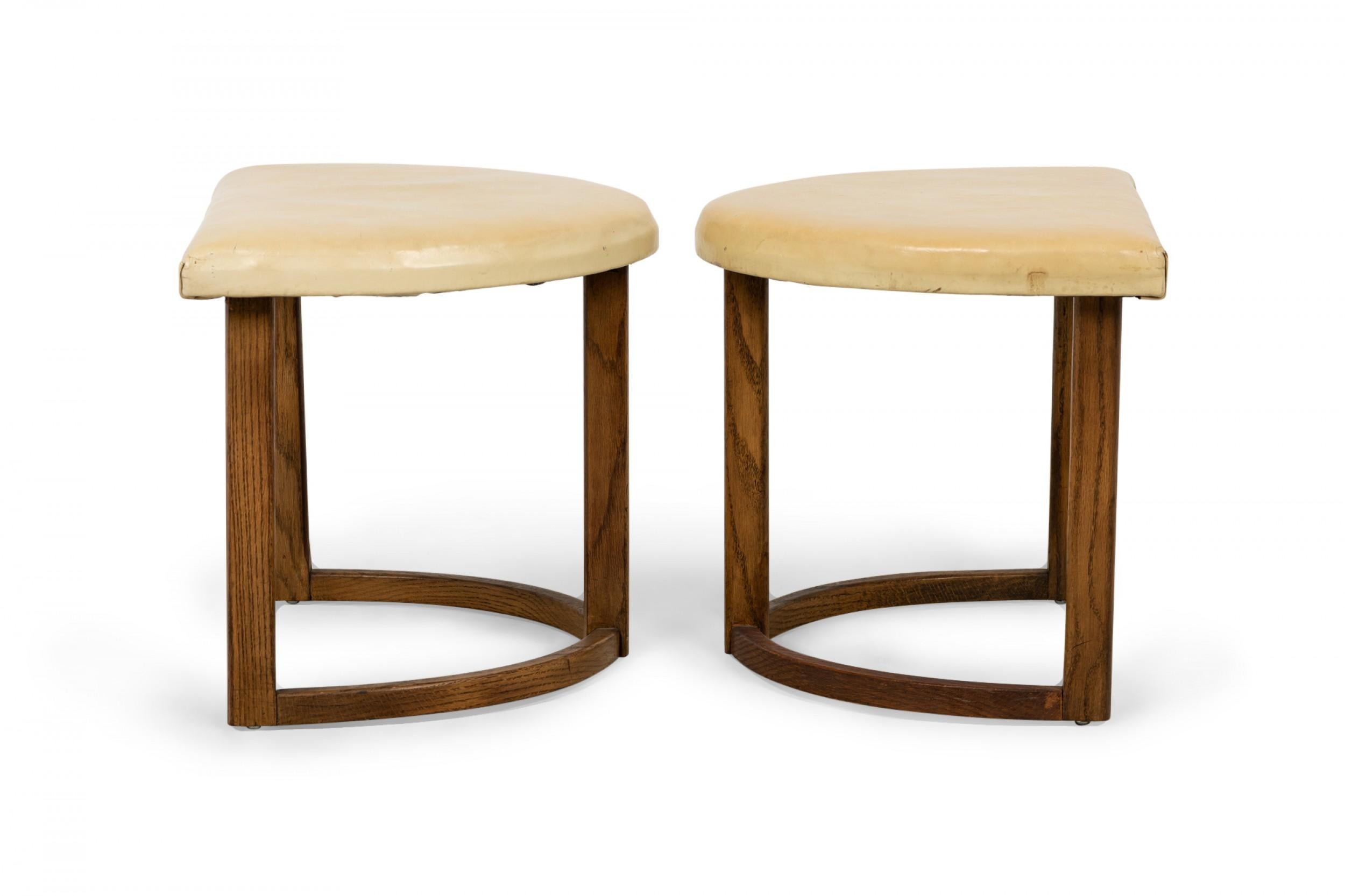 Pair of Half Moon Beige Leather and Walnut Footstools In Good Condition For Sale In New York, NY