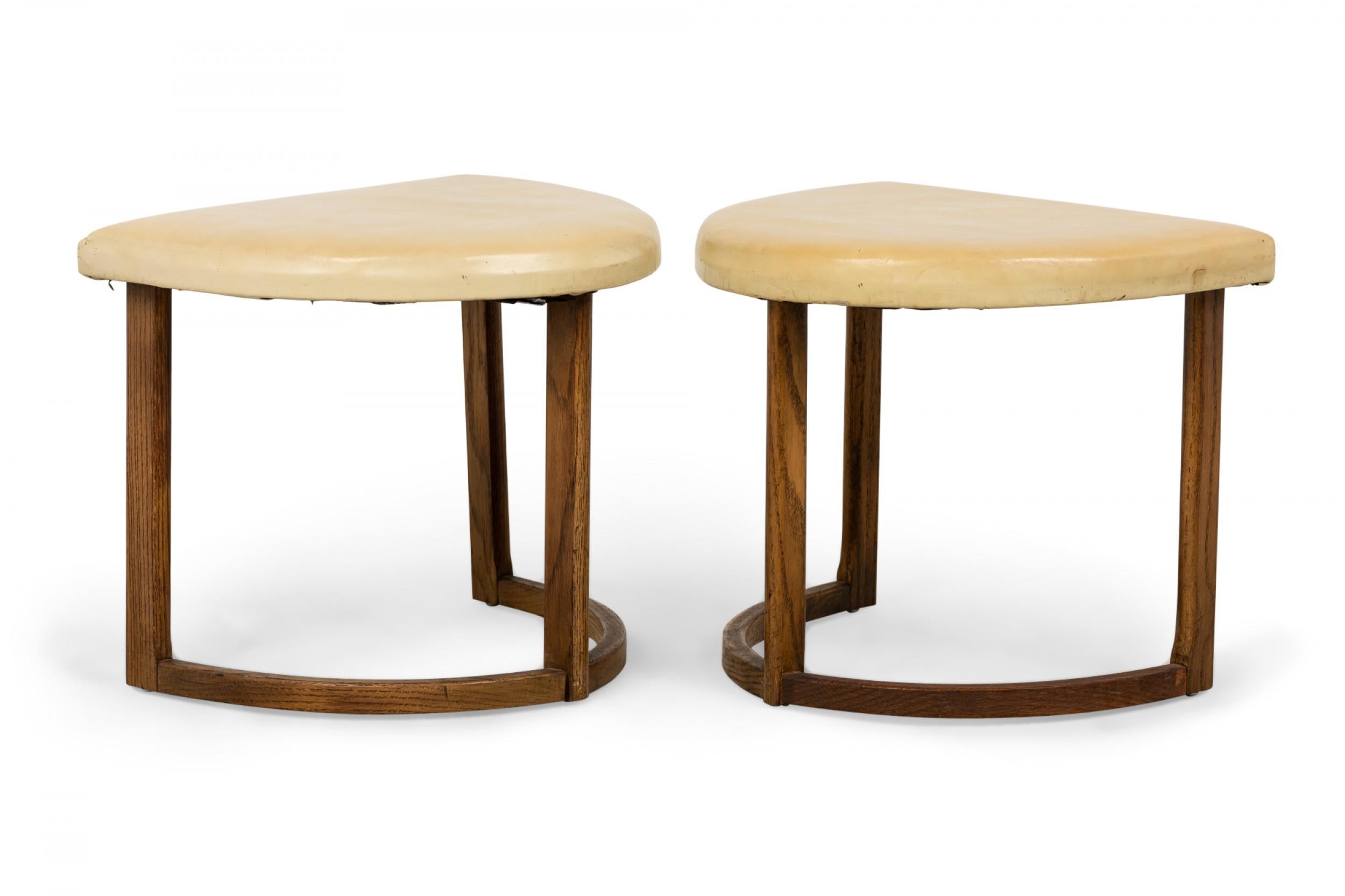 20th Century Pair of Half Moon Beige Leather and Walnut Footstools For Sale