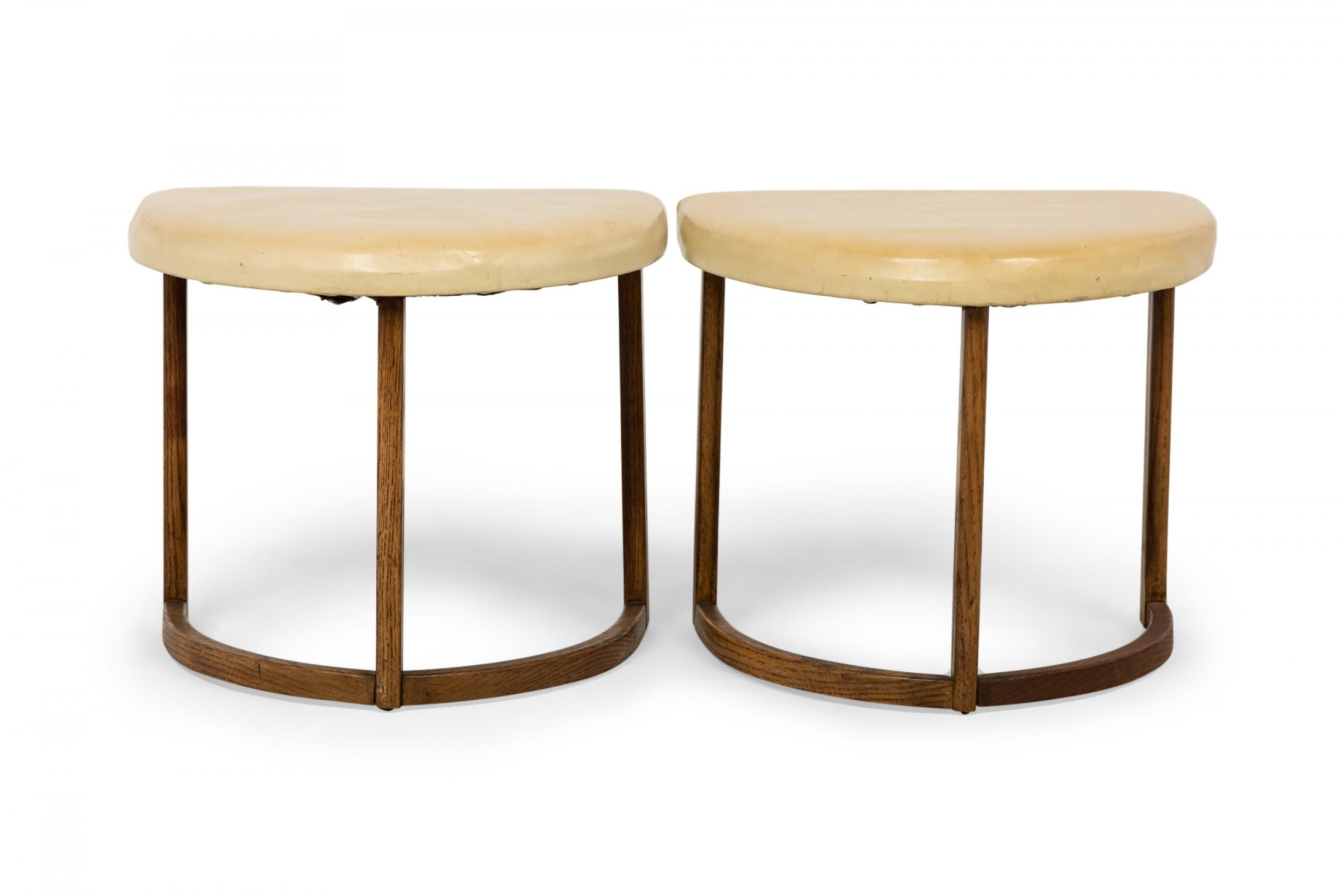 Pair of Half Moon Beige Leather and Walnut Footstools For Sale 1