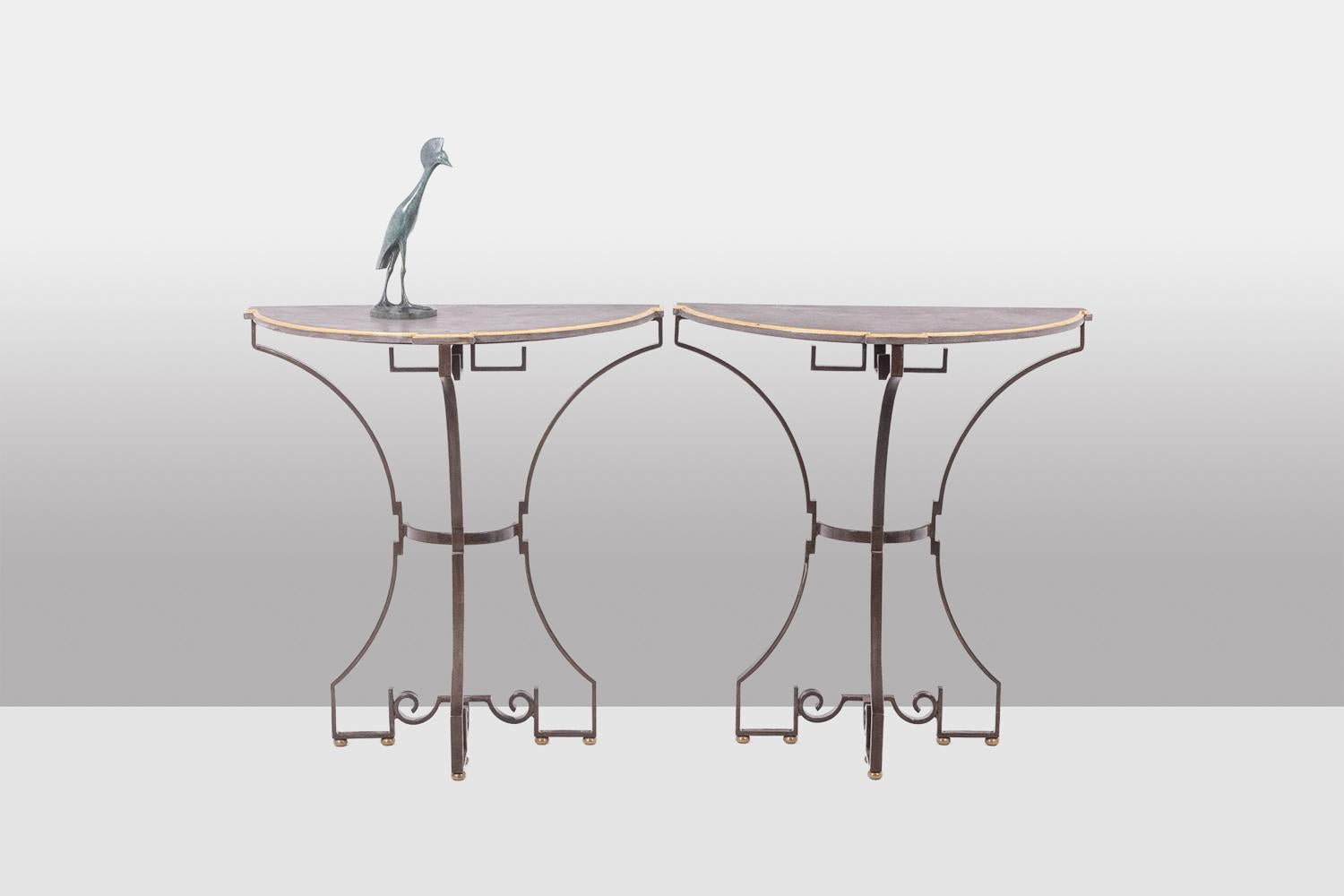 French Pair of half-moon shaped consoles. Artisan work. For Sale