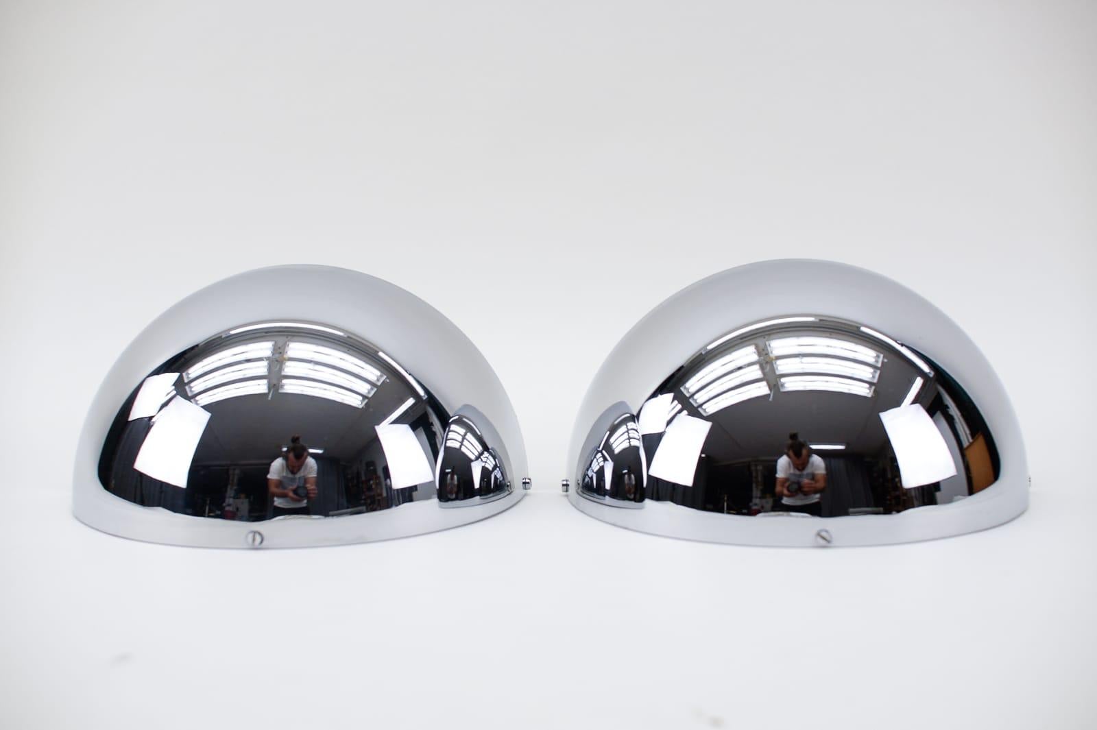 Metal Pair of Half Round Space Age Chrome Wall Lamps by Leola, 1970s Germany