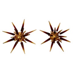 Pair of Half Sputnik Murano Glass Wall Sconces with Brass Structure, 1970s