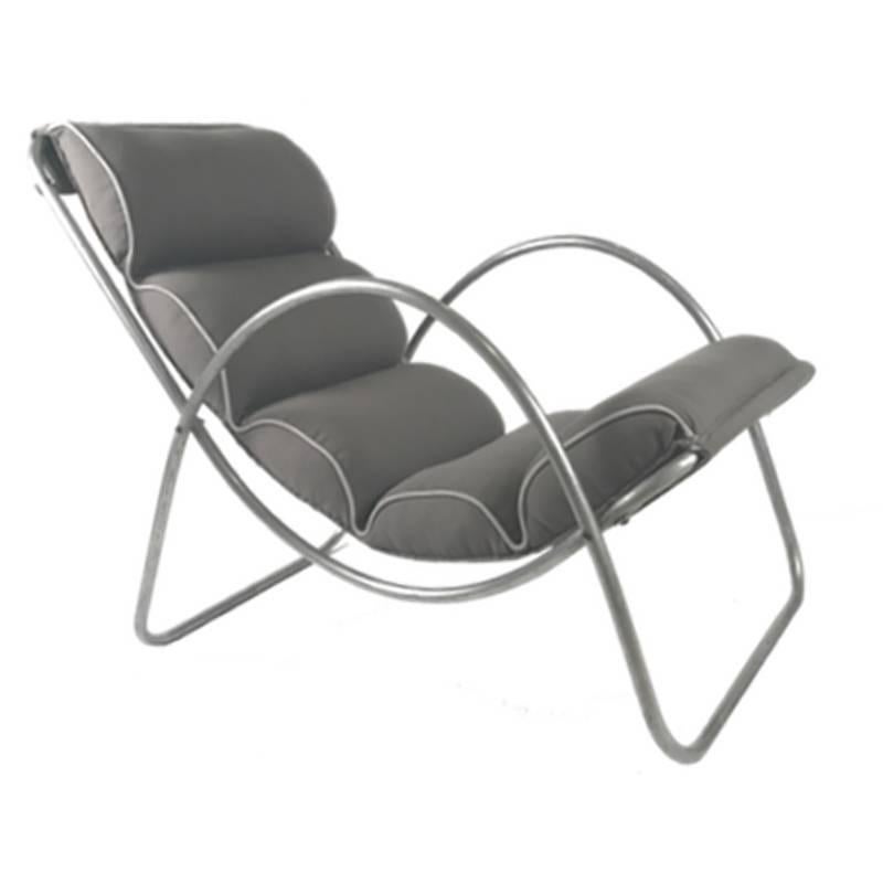 Art Deco lounge chairs made by the Halliburton Company. Richard Neutra used examples of these chairs for some of his earliest modernist commissions. This is the reason that these chairs are often attributed to Neutra. Frames have been polished and