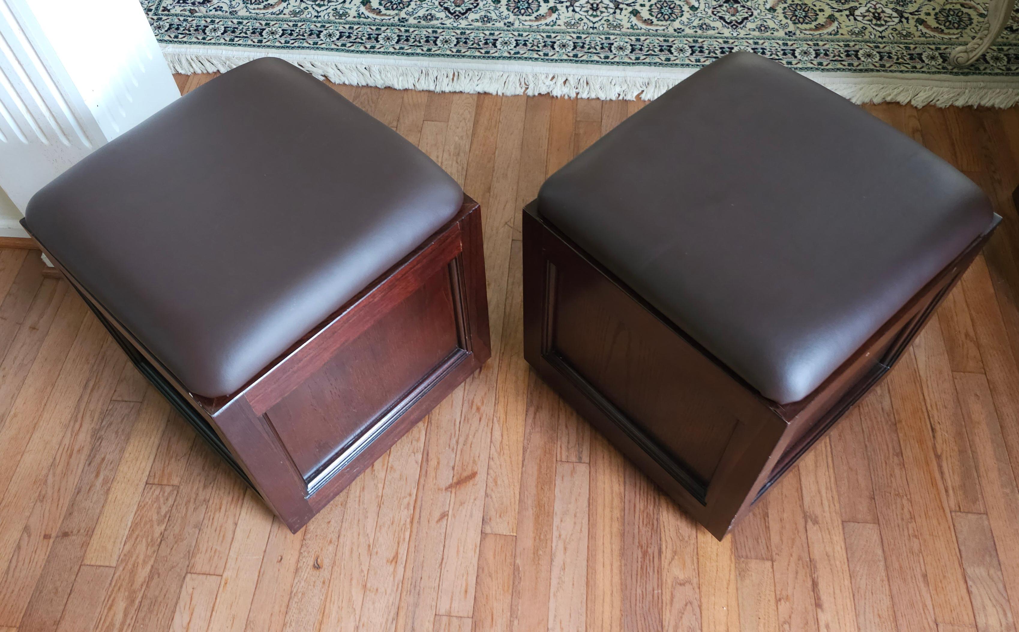 Vietnamese Pair Of Hammary Furniture Fruitwood And Brown Leather Rolling Storage Ottomans For Sale