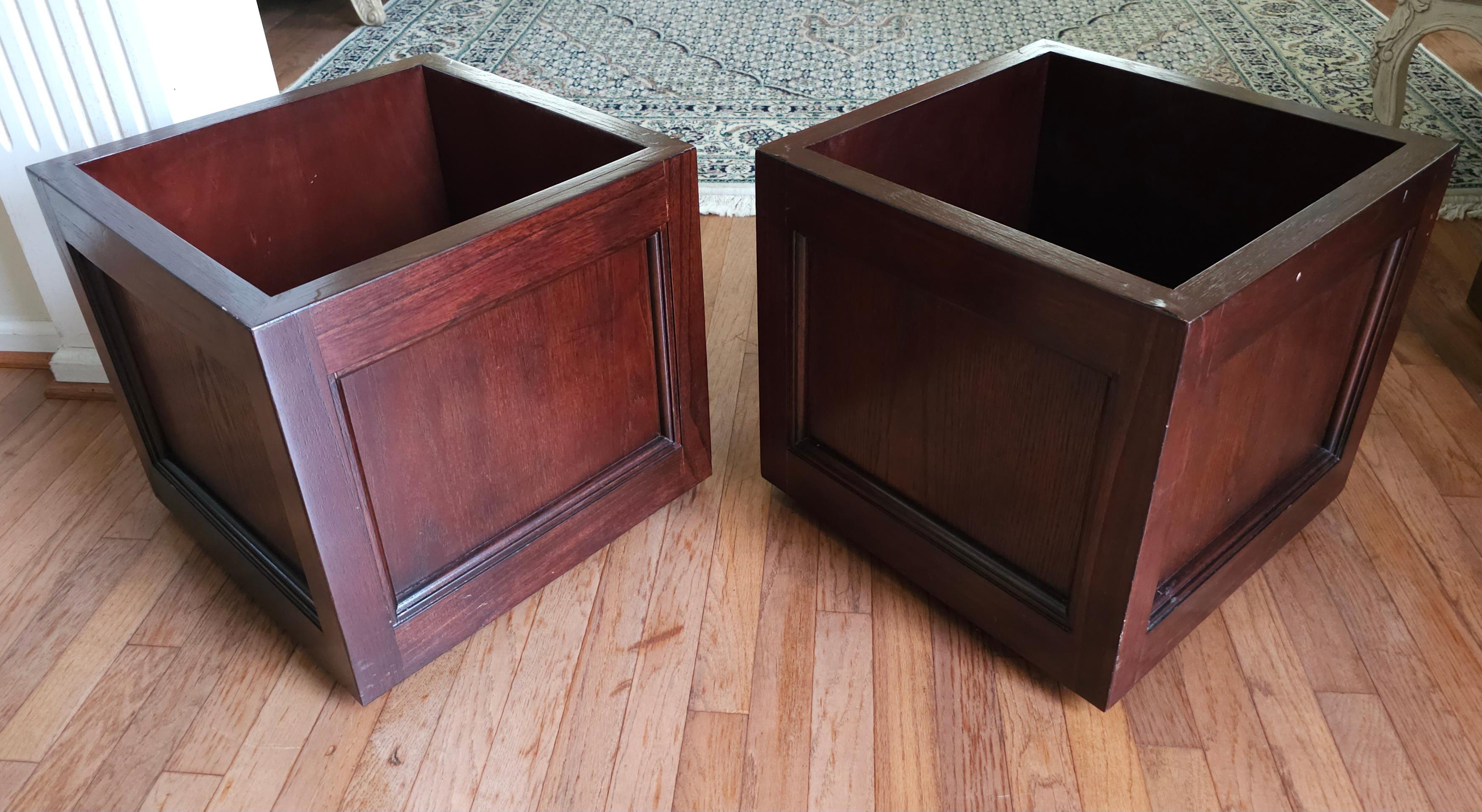 Other Pair Of Hammary Furniture Fruitwood And Brown Leather Rolling Storage Ottomans For Sale