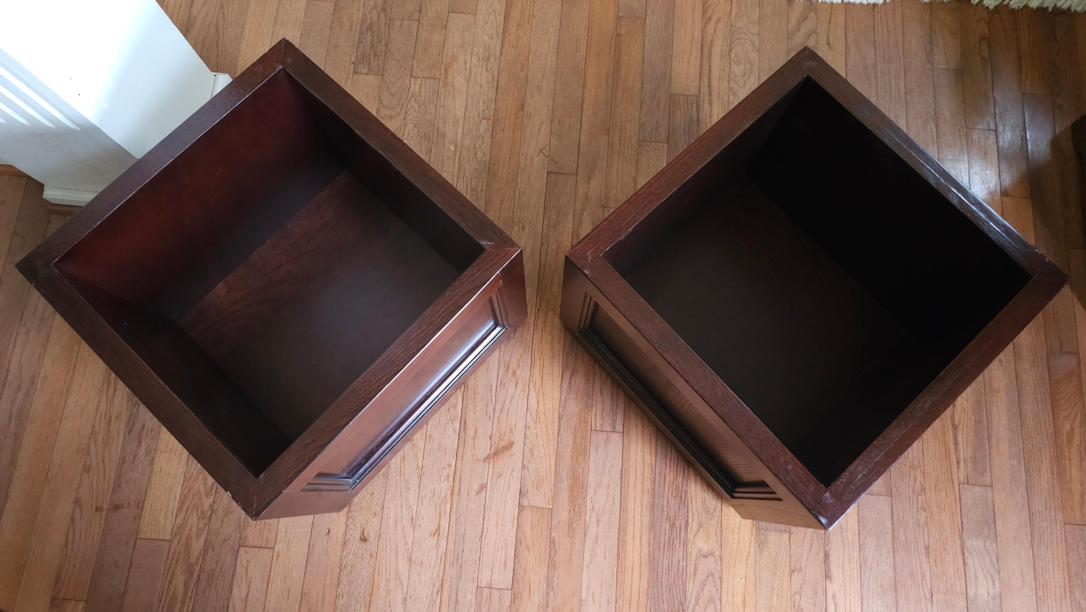 Pair Of Hammary Furniture Fruitwood And Brown Leather Rolling Storage Ottomans For Sale 2