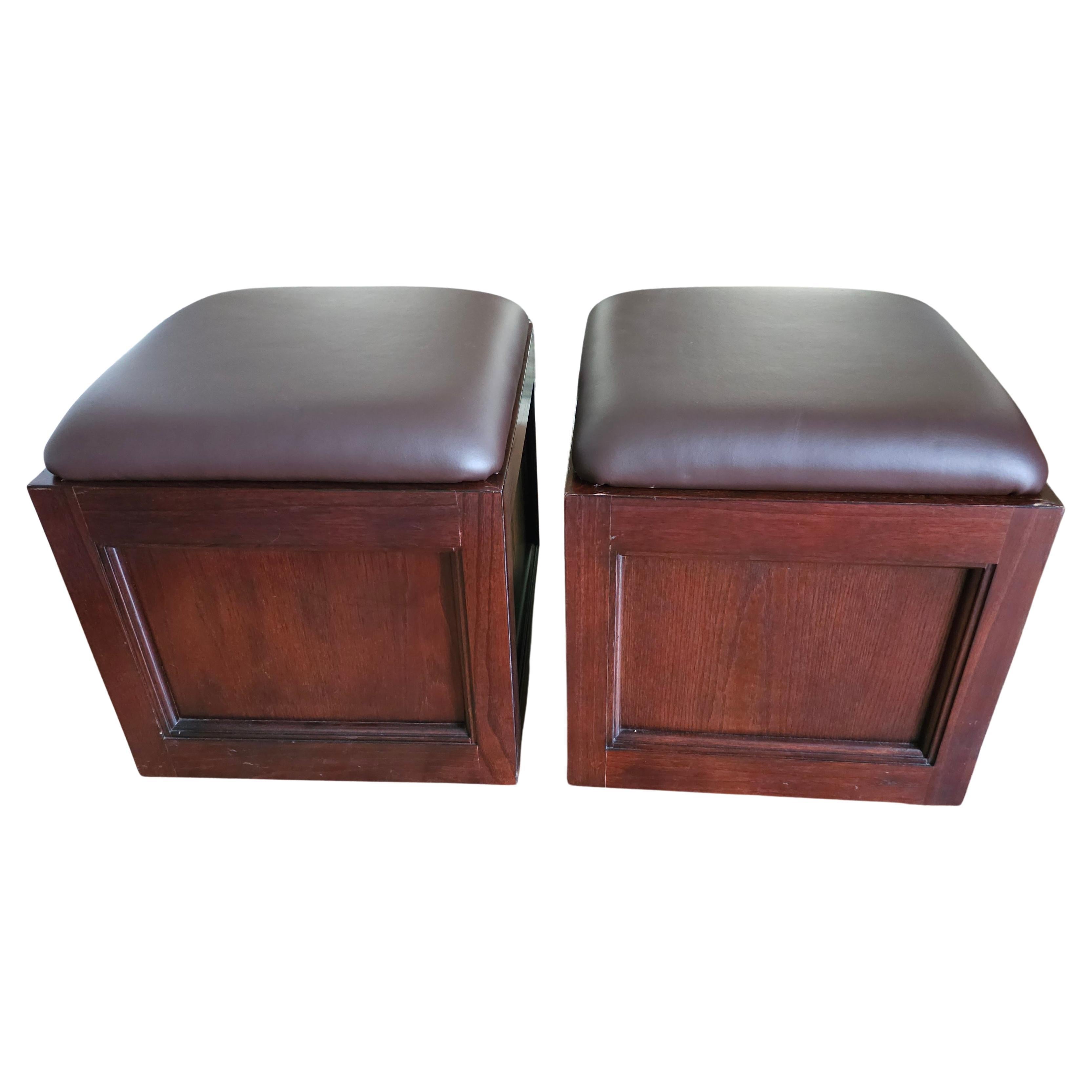 Pair Of Hammary Furniture Fruitwood And Brown Leather Rolling Storage Ottomans