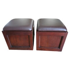 Pair Of Hammary Furniture Fruitwood And Brown Leather Rolling Storage Ottomans