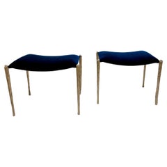 Pair of Hammered and Polished Iron Benches with Cobalt Blue Upholstery