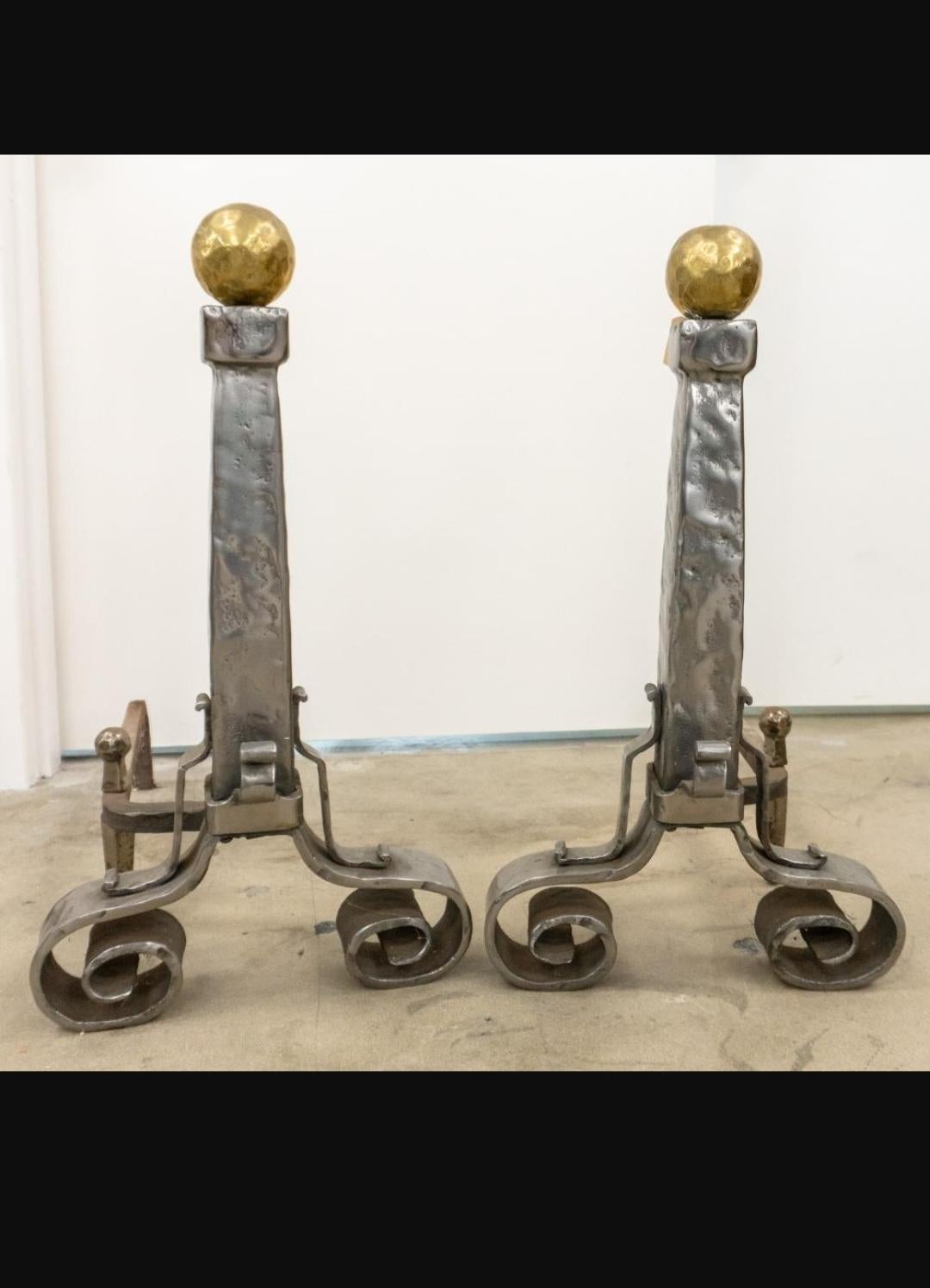 American Craftsman Pair of Hammered and Polished Steel and Brass Andirons For Sale