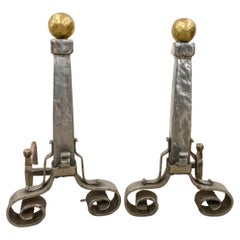 Pair of Hammered and Polished Steel and Brass Andirons