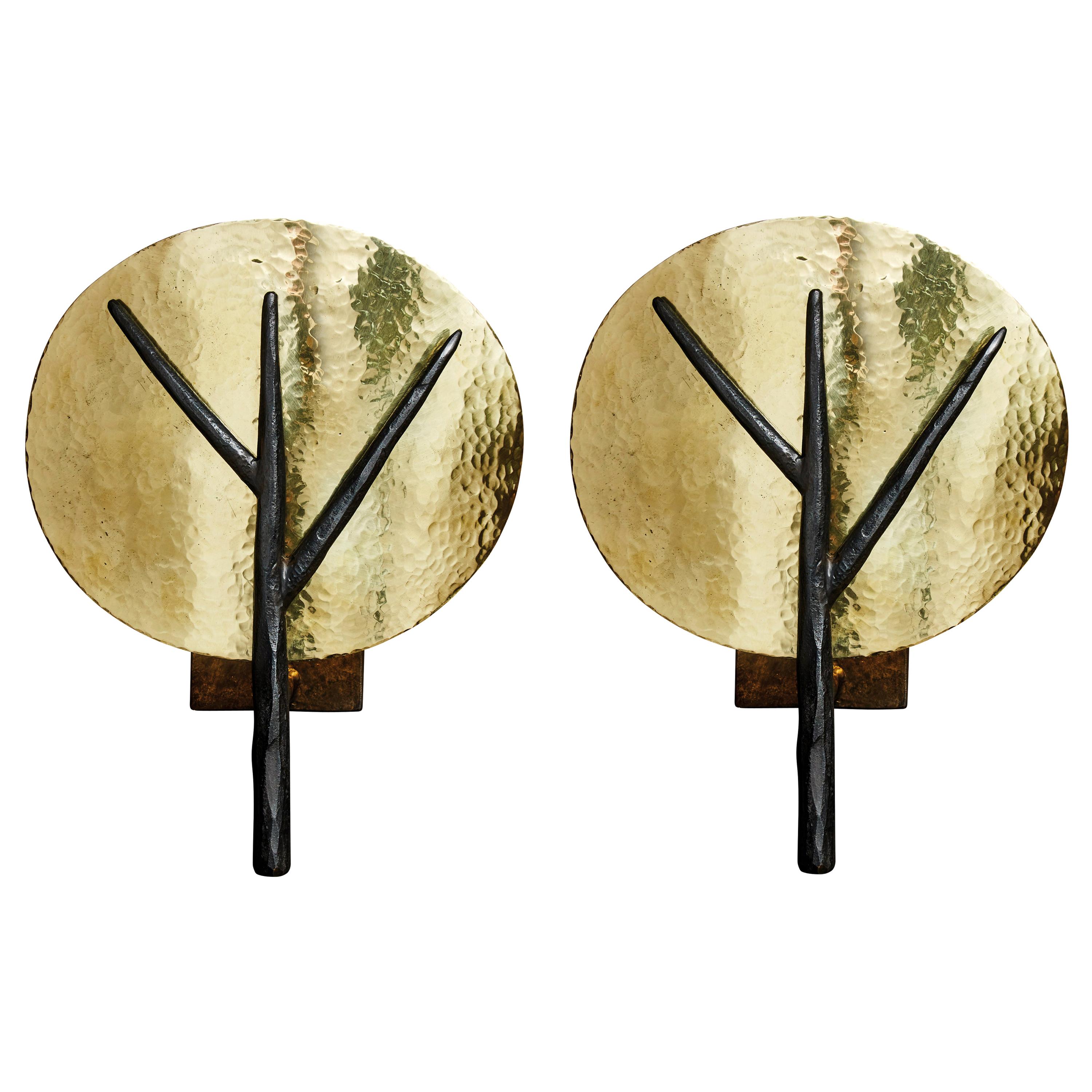 Pair of Hammered Brass and Iron Tree Wall Sconces For Sale