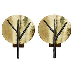 Pair of Hammered Brass and Iron Tree Wall Sconces