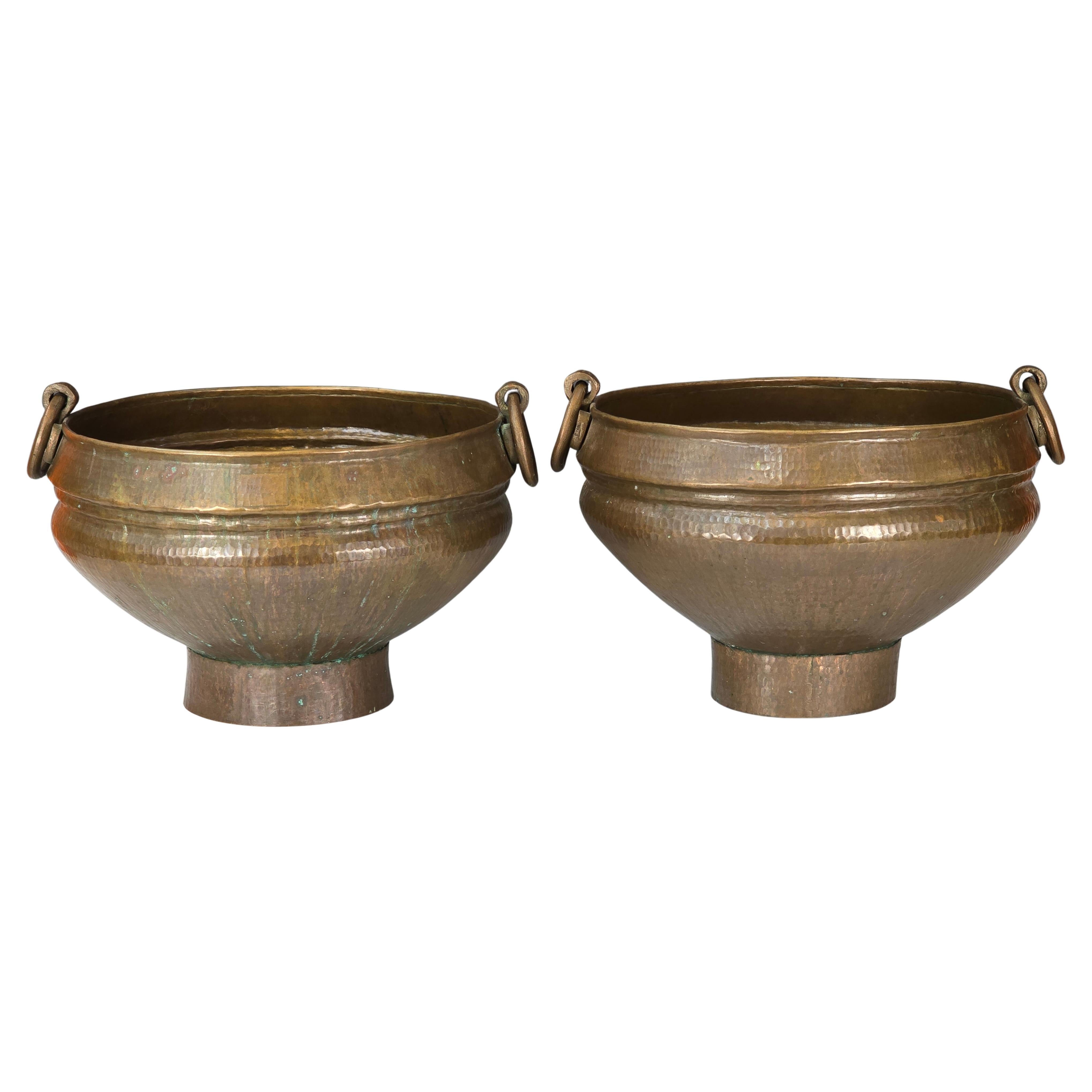 Pair of Hammered Brass Cache Pot or Jardinere