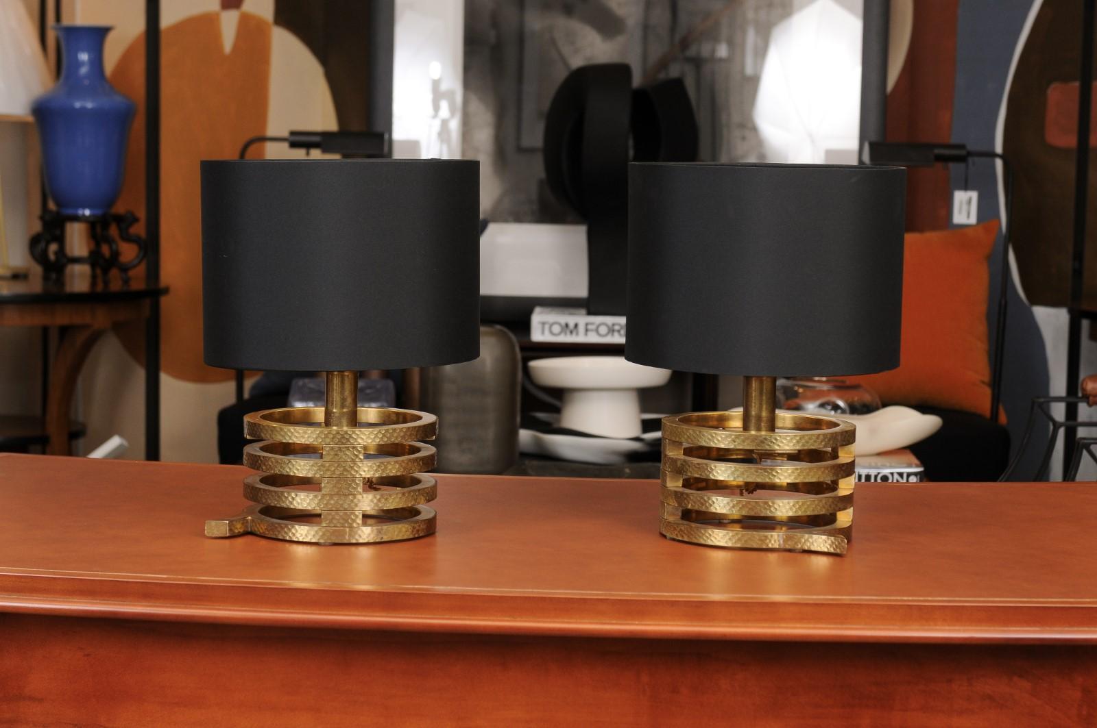 Pair of Hammered brass table lamps lights in the manner of Tommaso Barbi, Italy  c.1960