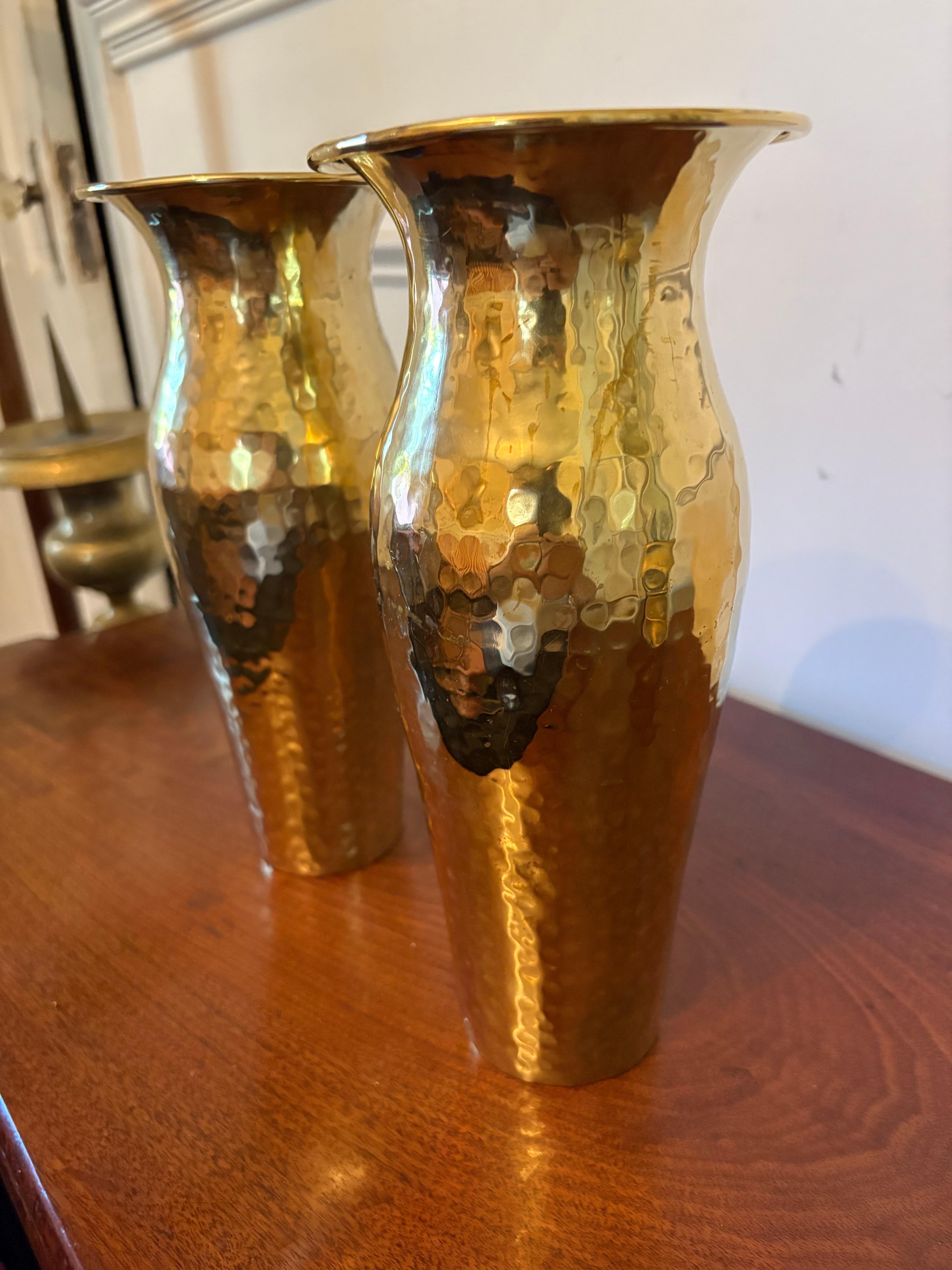 Pair of Hammered Brass Vases, Mid 20th Century For Sale 3