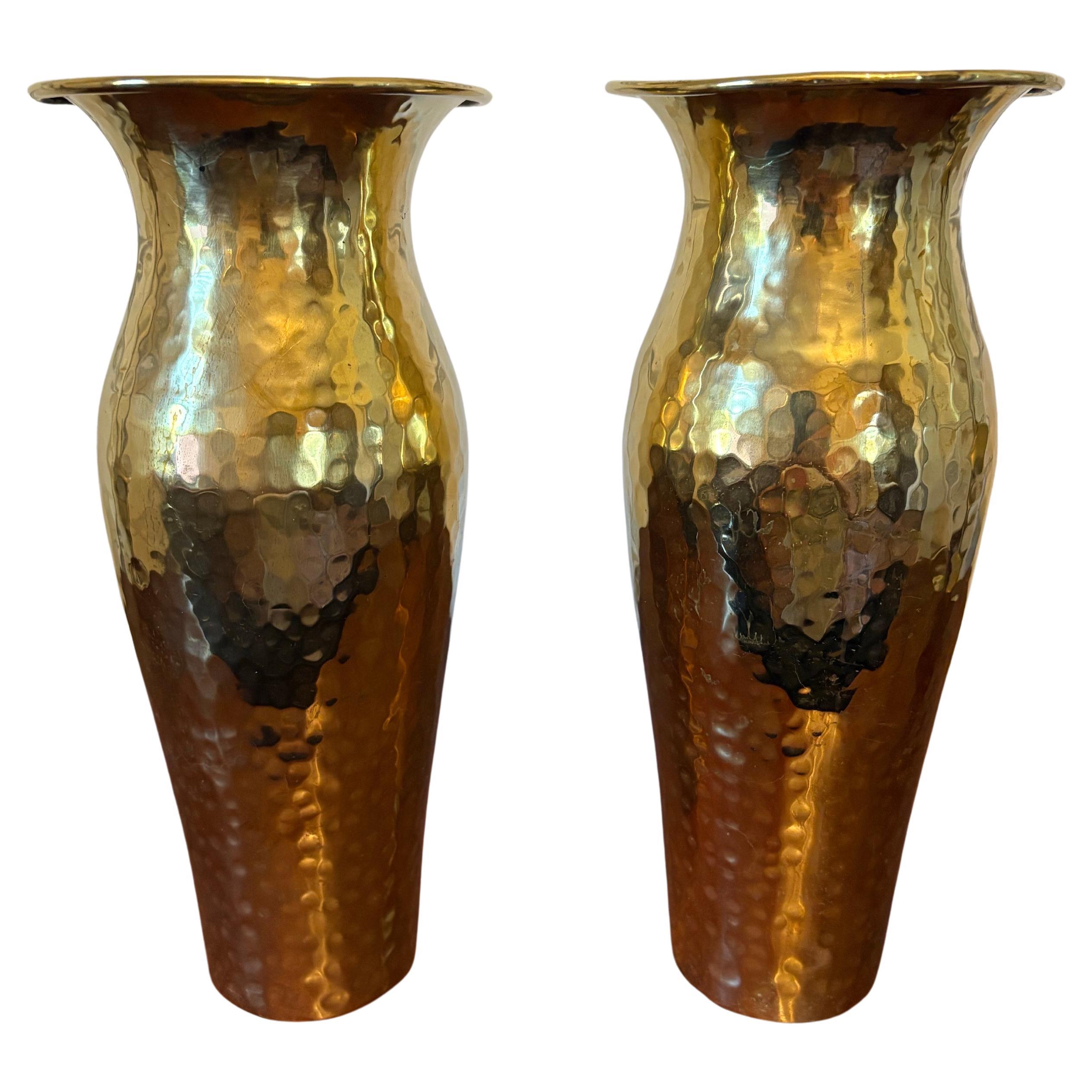 Pair of Hammered Brass Vases, Mid 20th Century For Sale