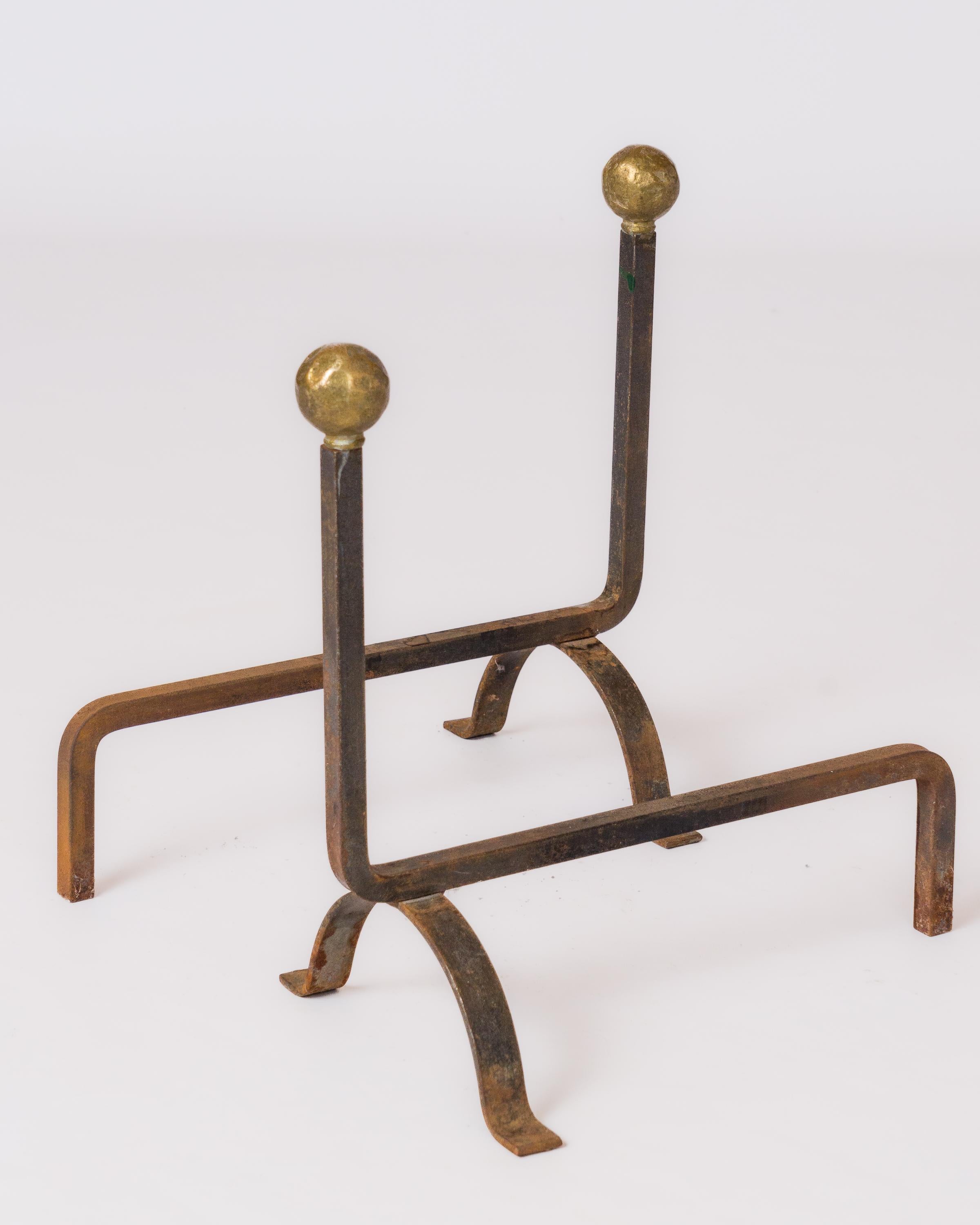 Chic and minimalist pair of wrought iron andirons with 