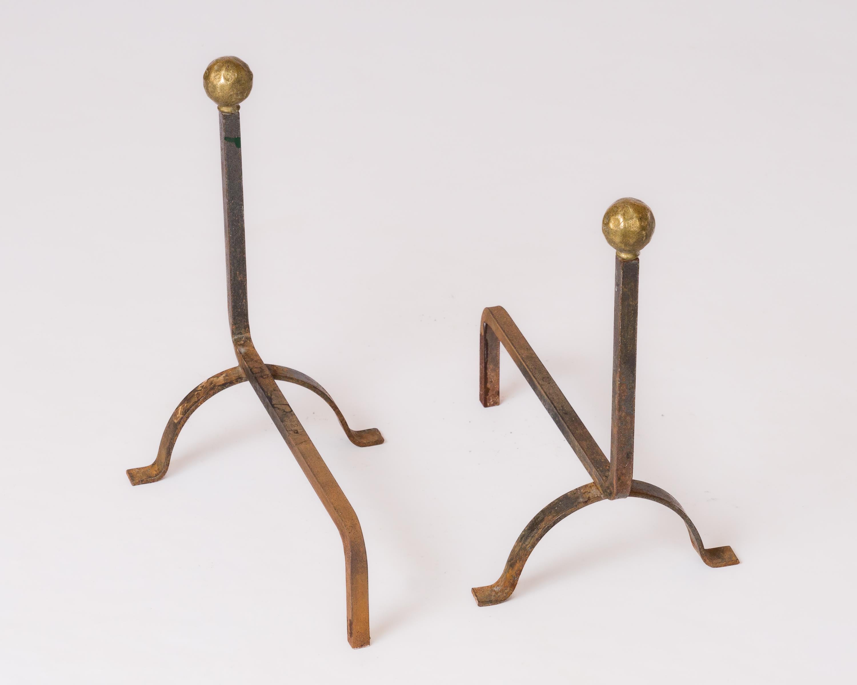 French Pair of Hammered Bronze Balls & Wrought Iron Andirons - France 1980's For Sale