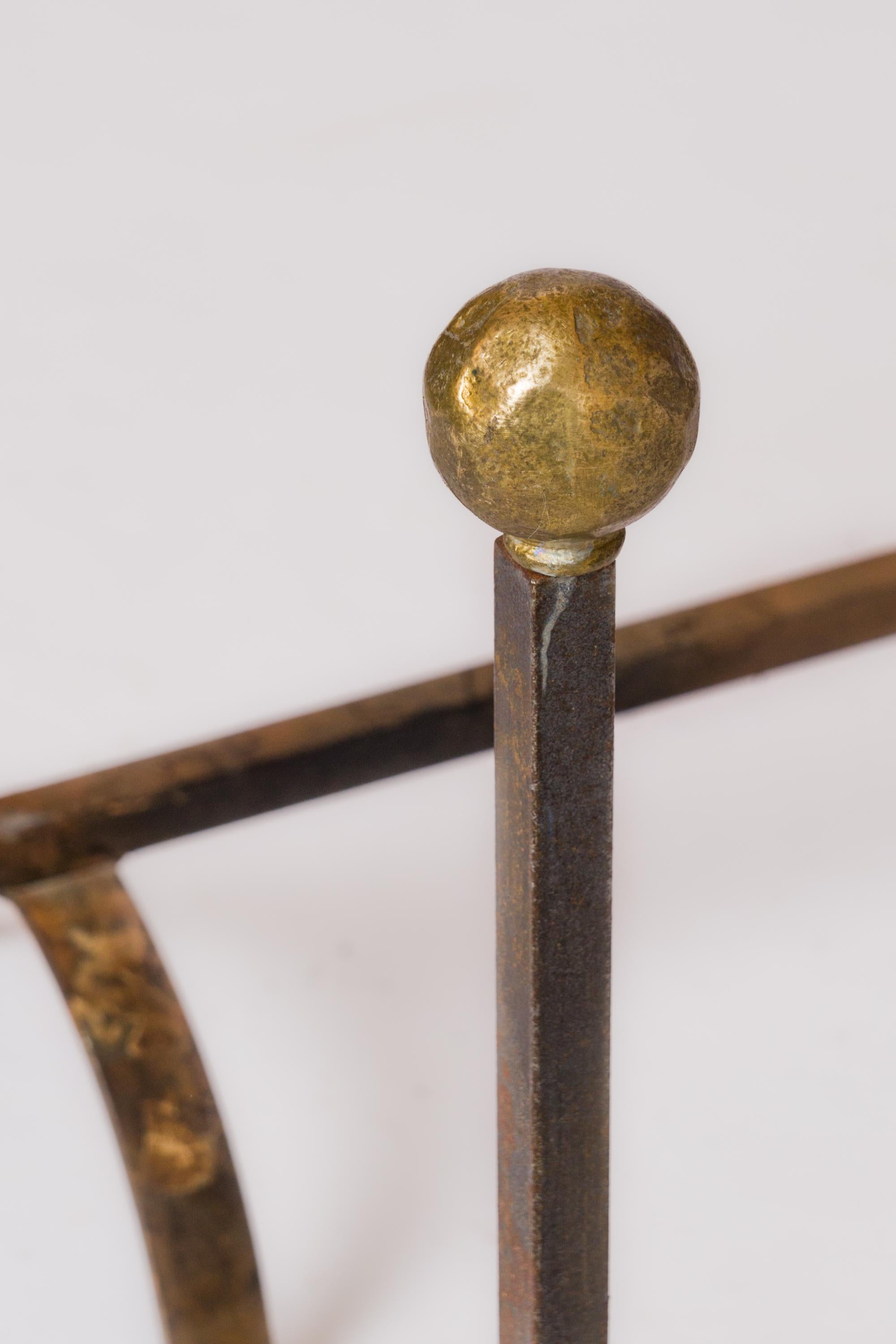 Pair of Hammered Bronze Balls & Wrought Iron Andirons - France 1980's In Fair Condition For Sale In New York, NY